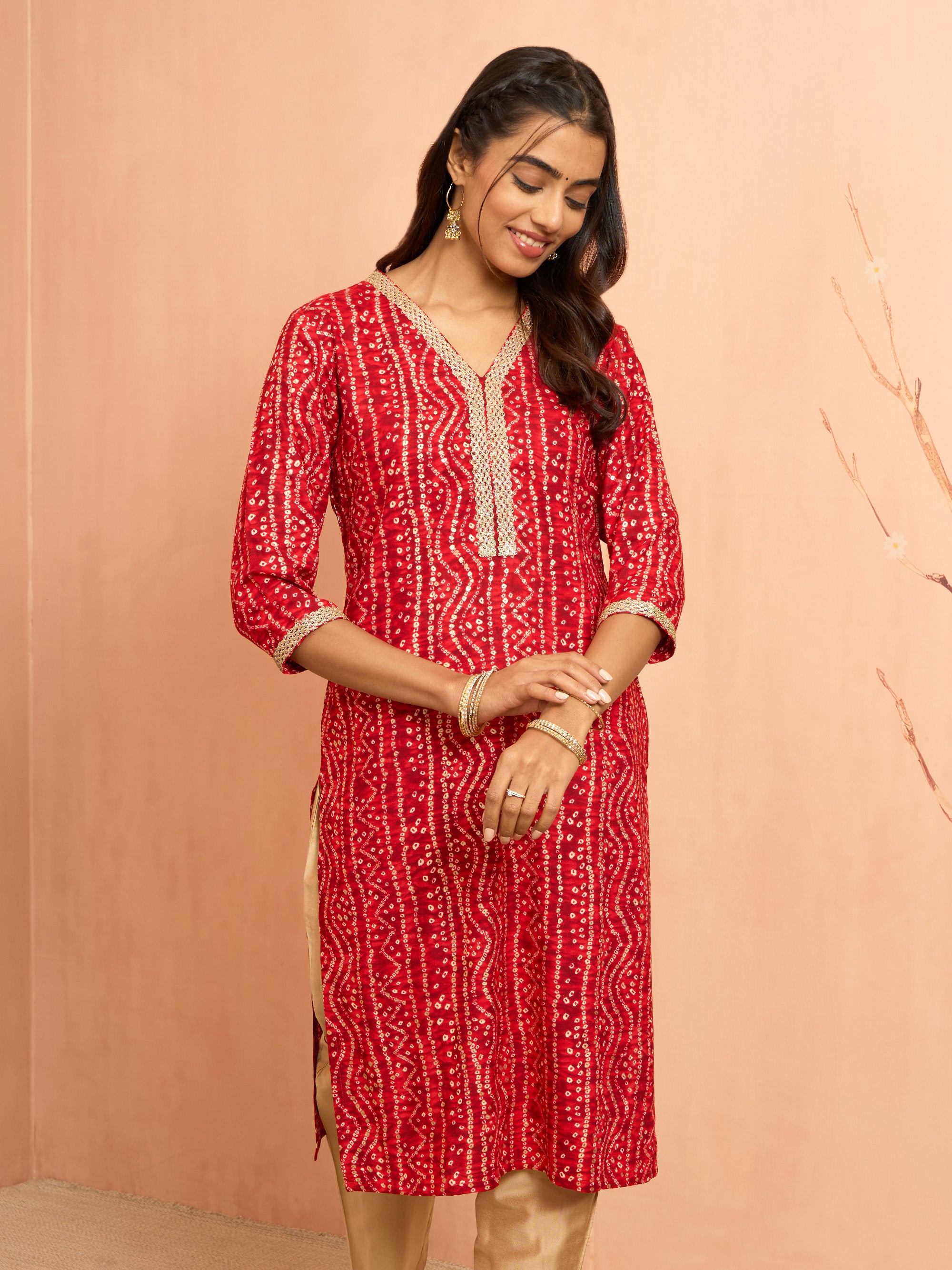 Women's Red Bandhani Foil Print Rayon Kurta