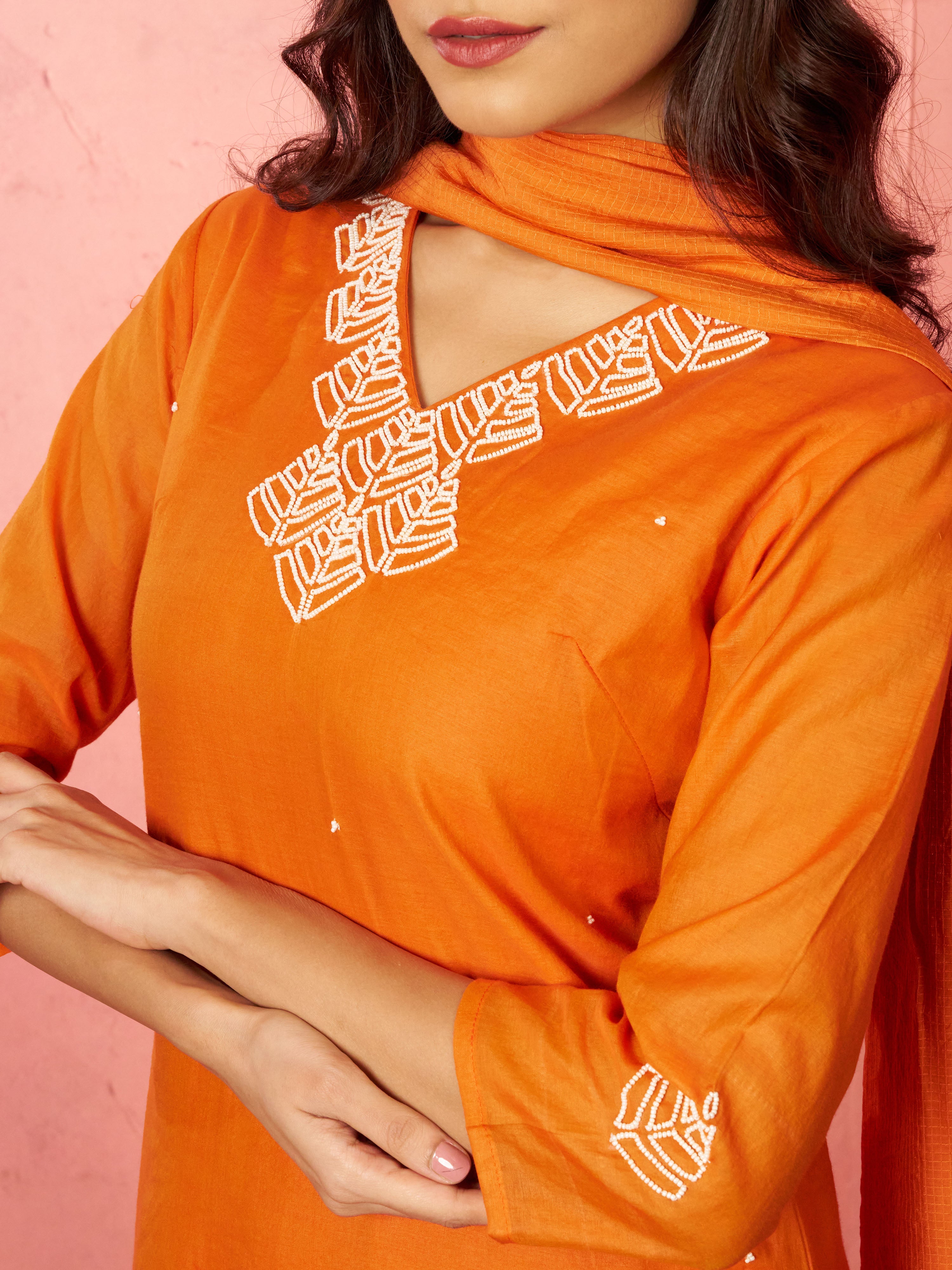 Women's Orange Chanderi Straight Kurta Set