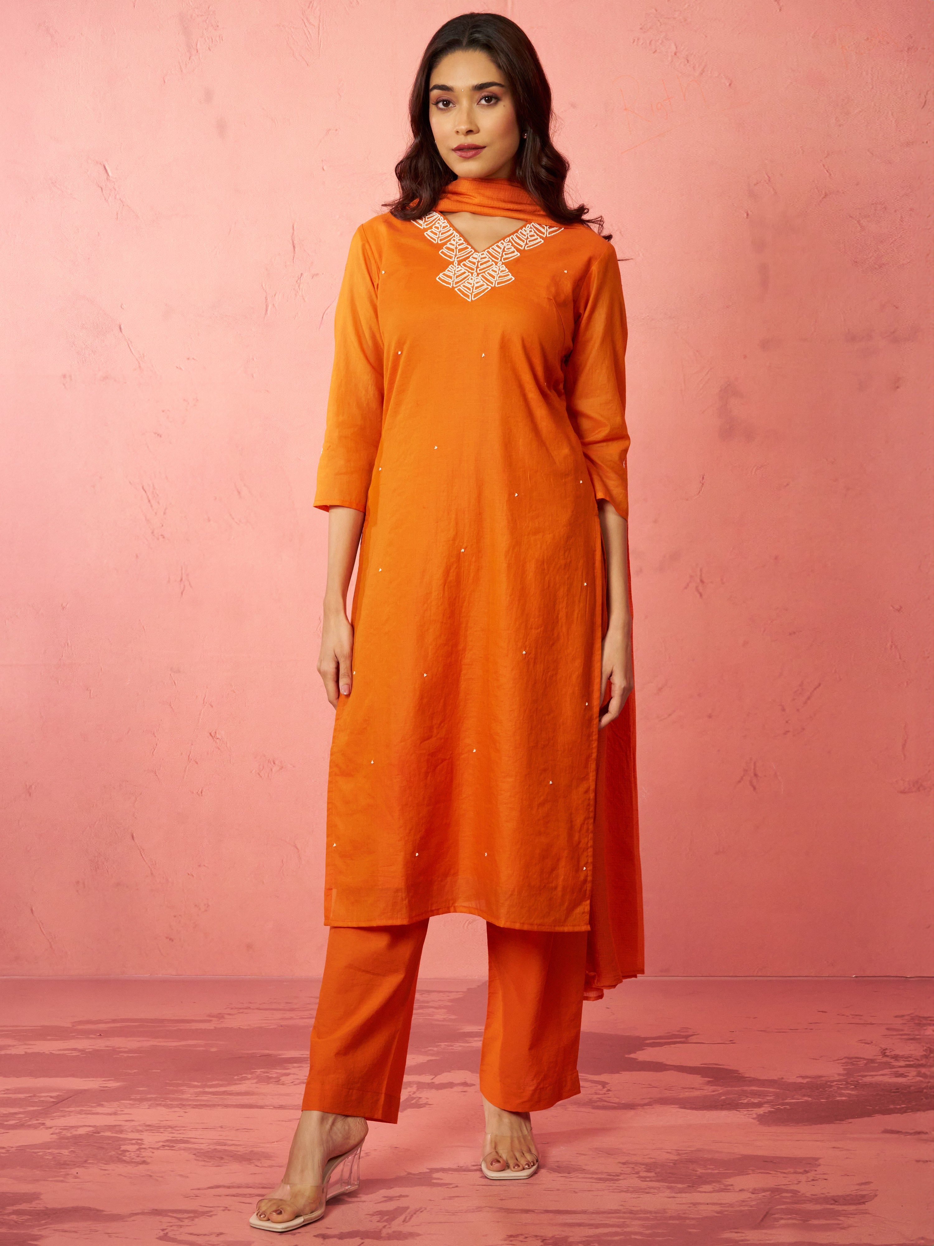 Women's Orange Chanderi Straight Kurta Set