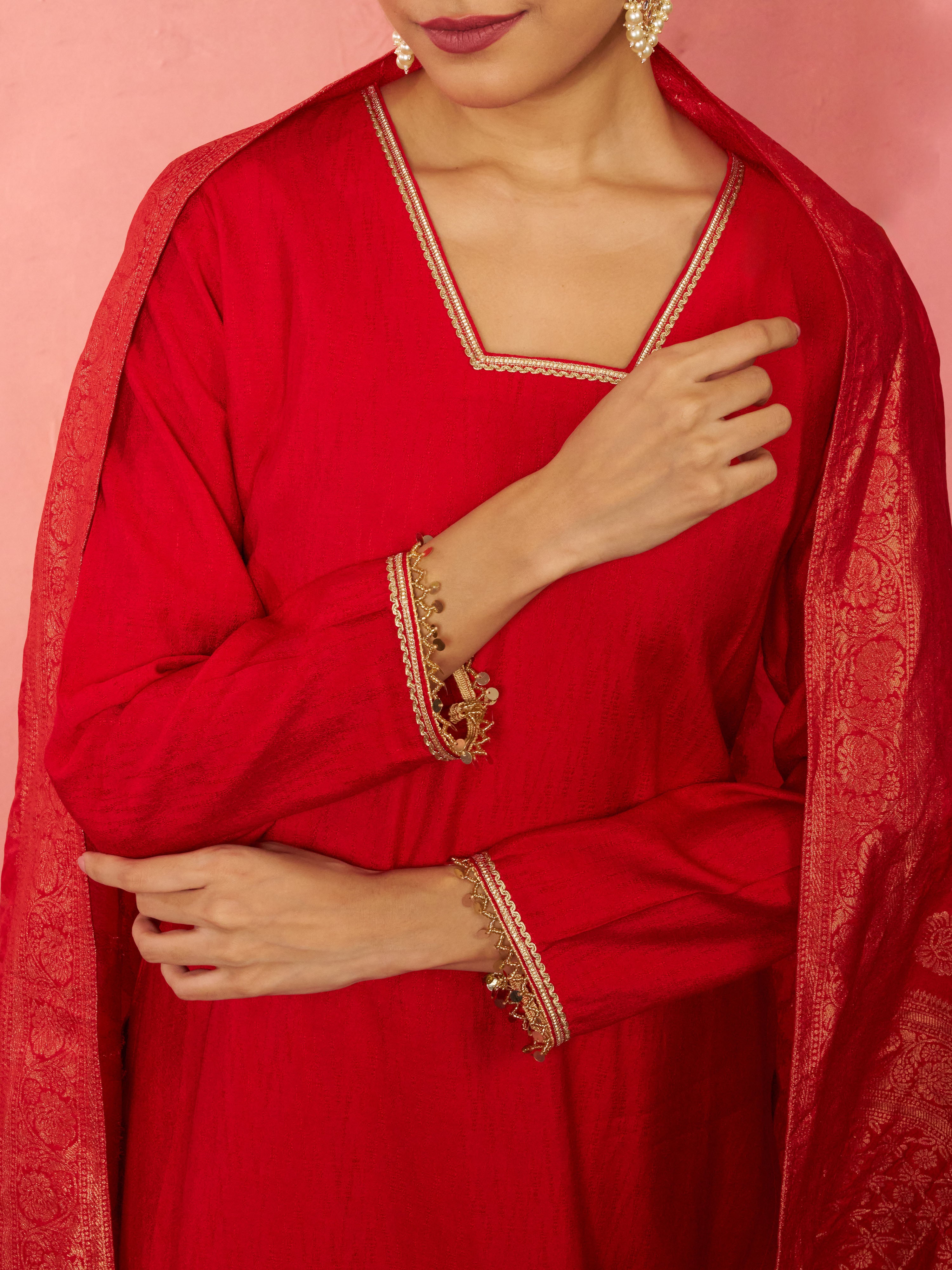 Women's Red Cotton Straight Kurta Set