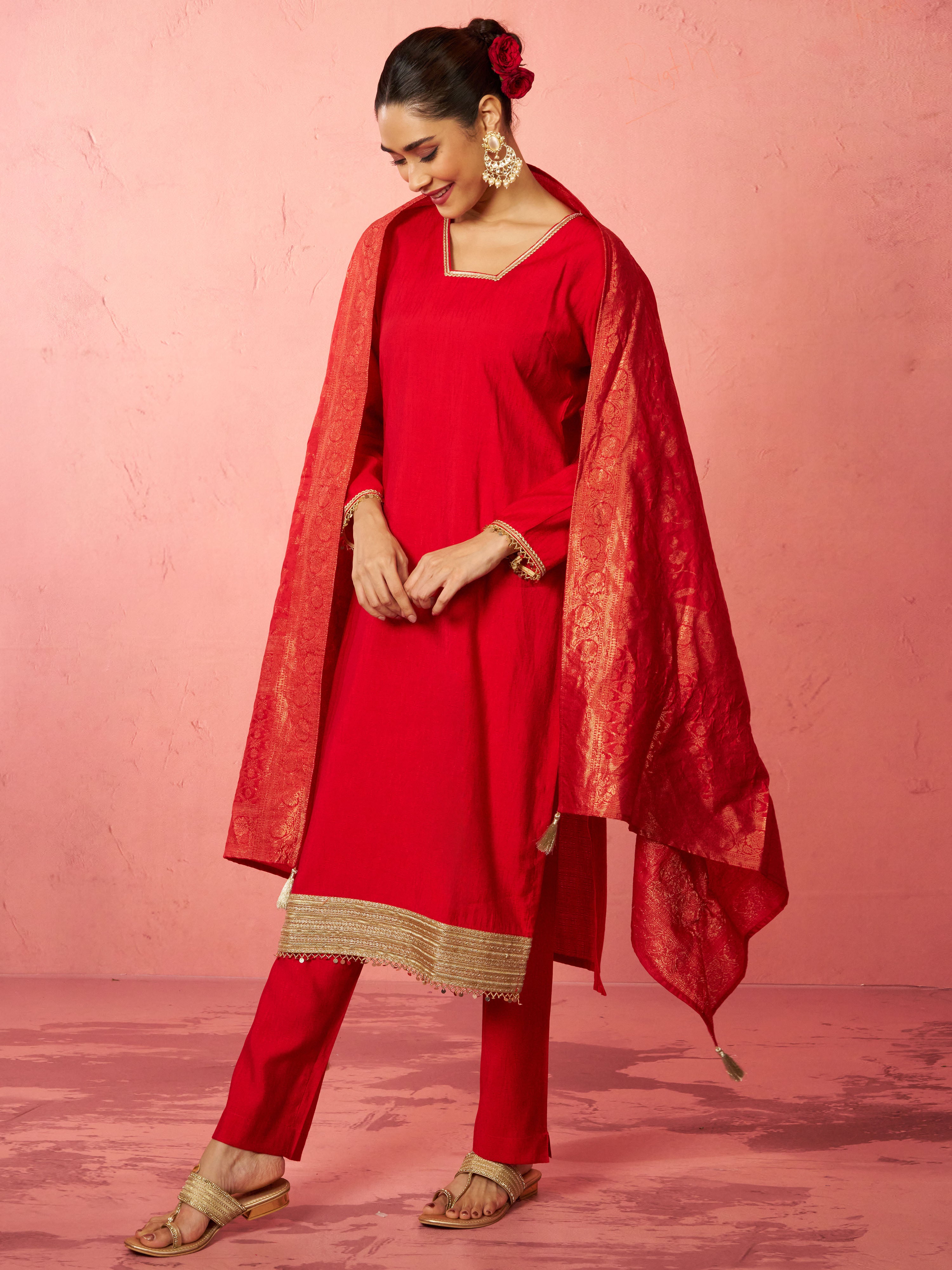 Women's Red Cotton Straight Kurta Set