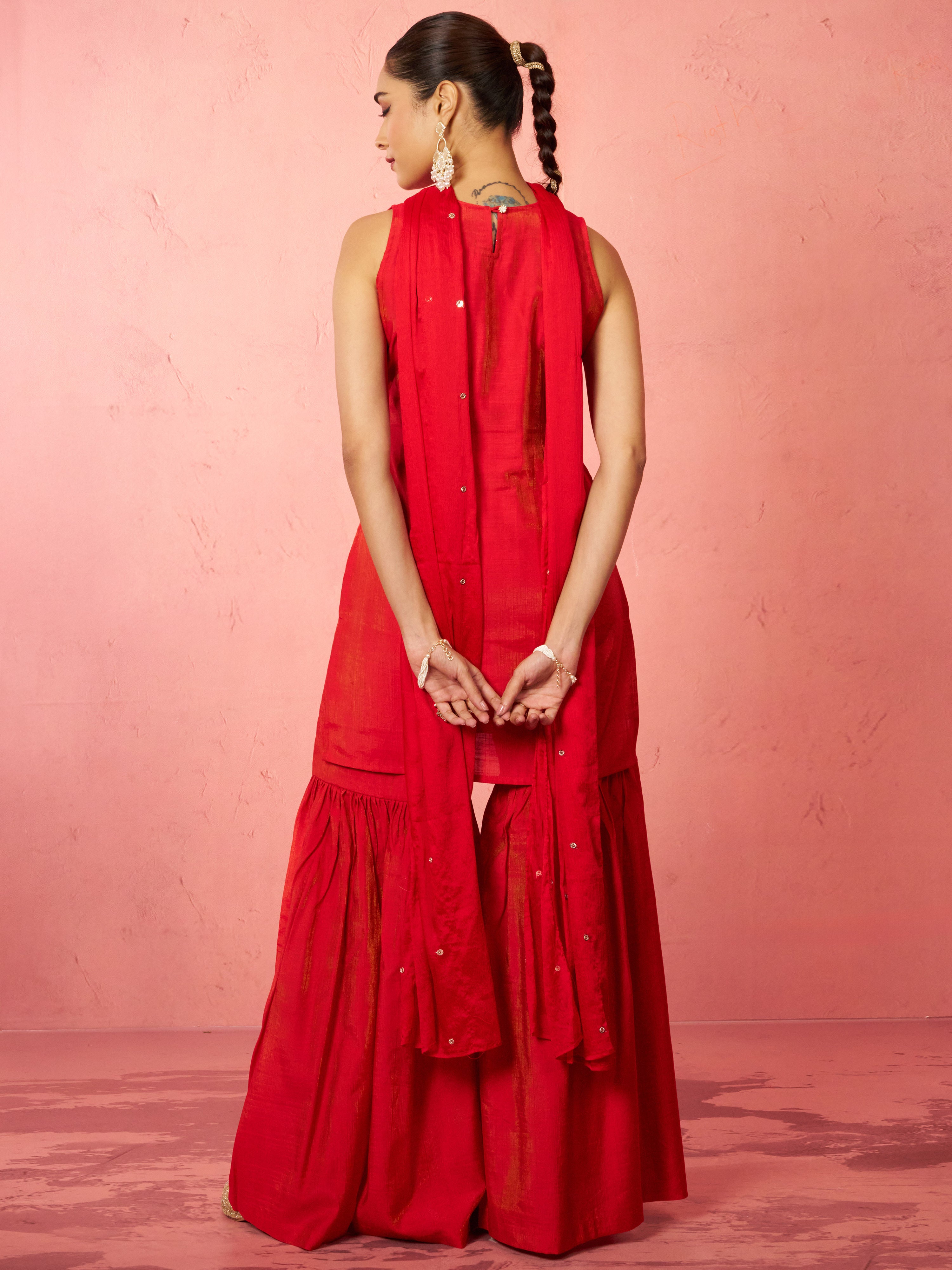 Women's Red Cotton Kurta Sharara Set