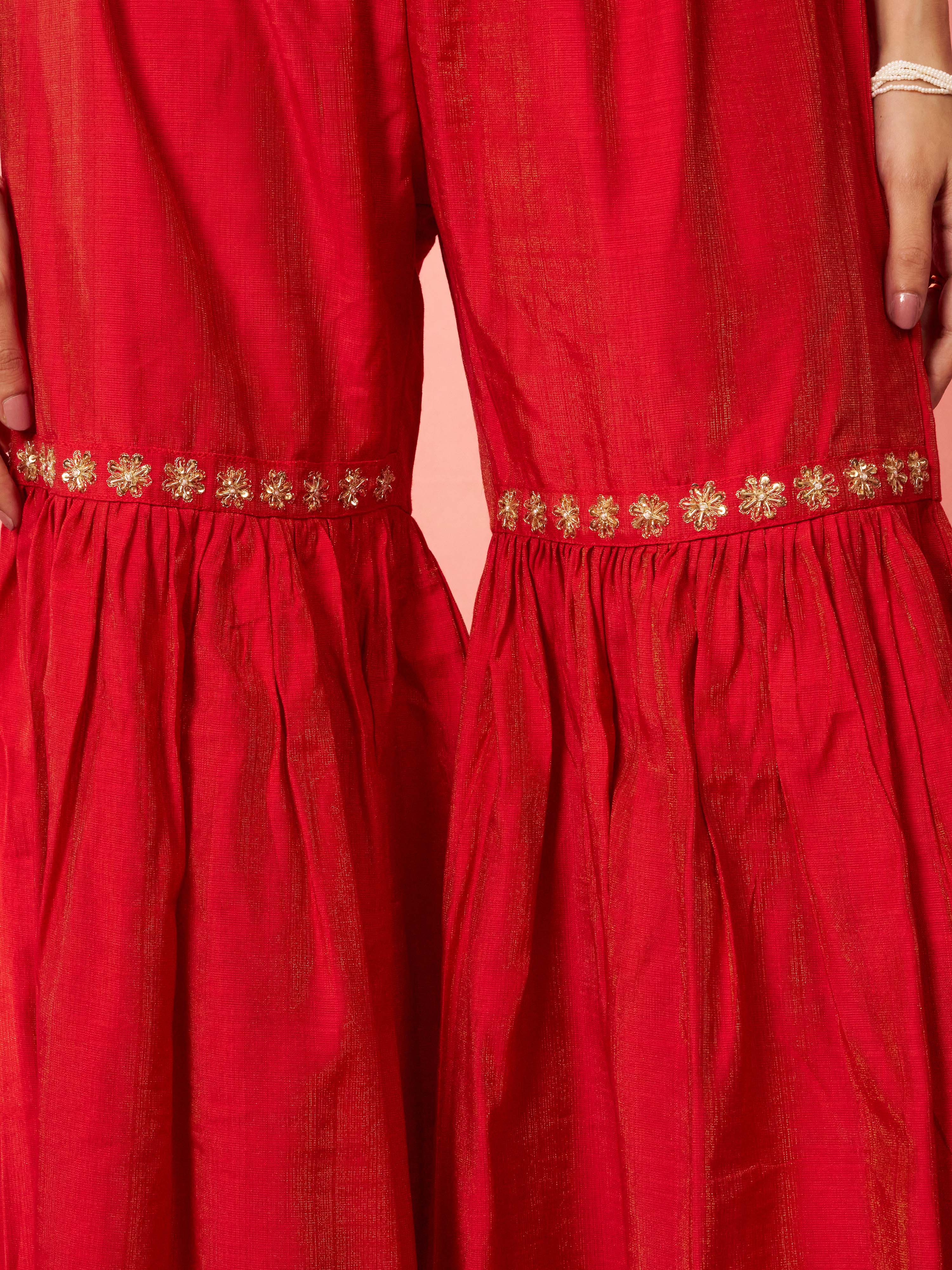 Women's Red Cotton Kurta Sharara Set
