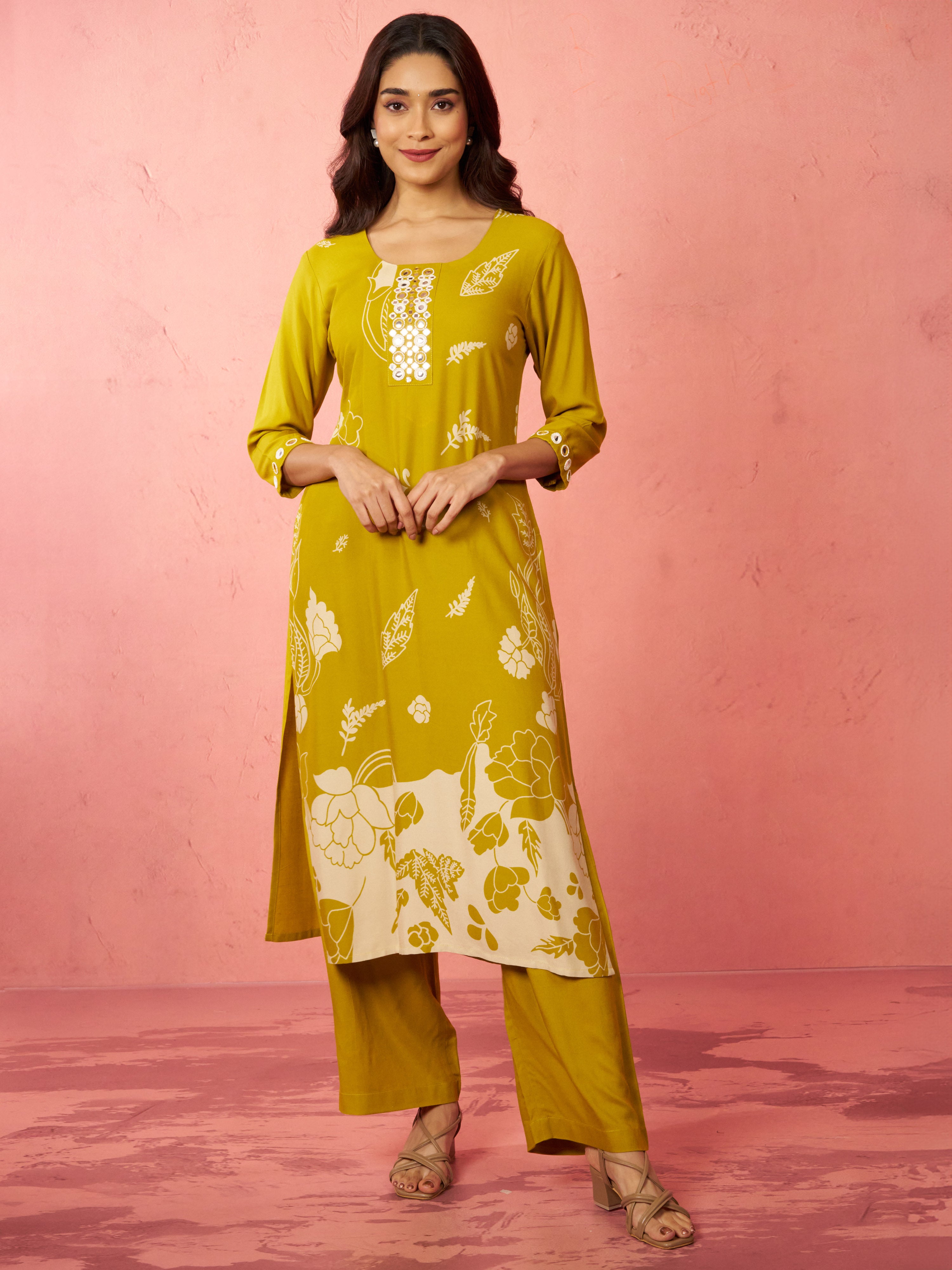 Women's Mehendi Green Rayon Mirror Work Kurta Set with Palazzo