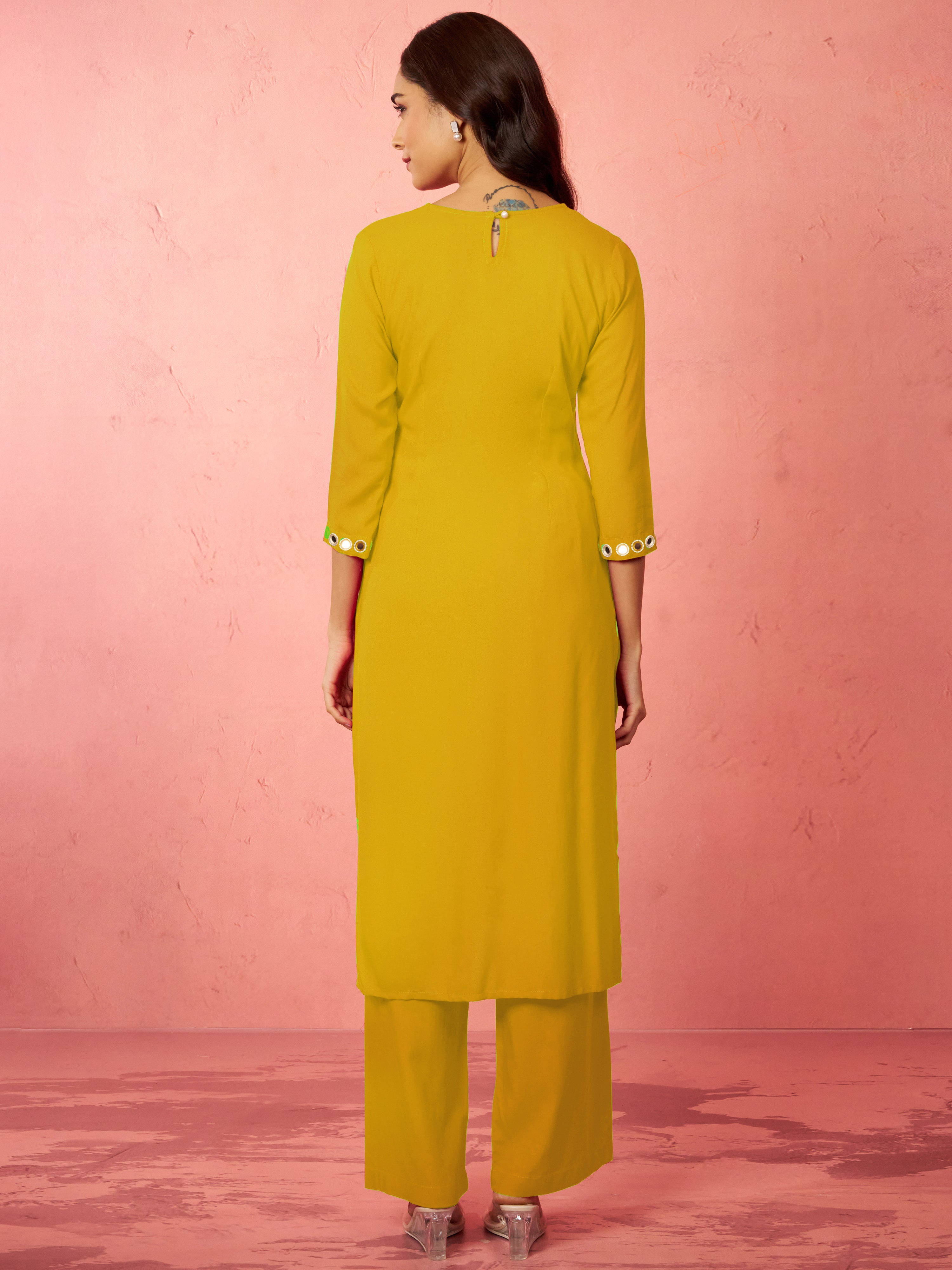 Women's Mehendi Green Rayon Mirror Work Kurta Set with Palazzo