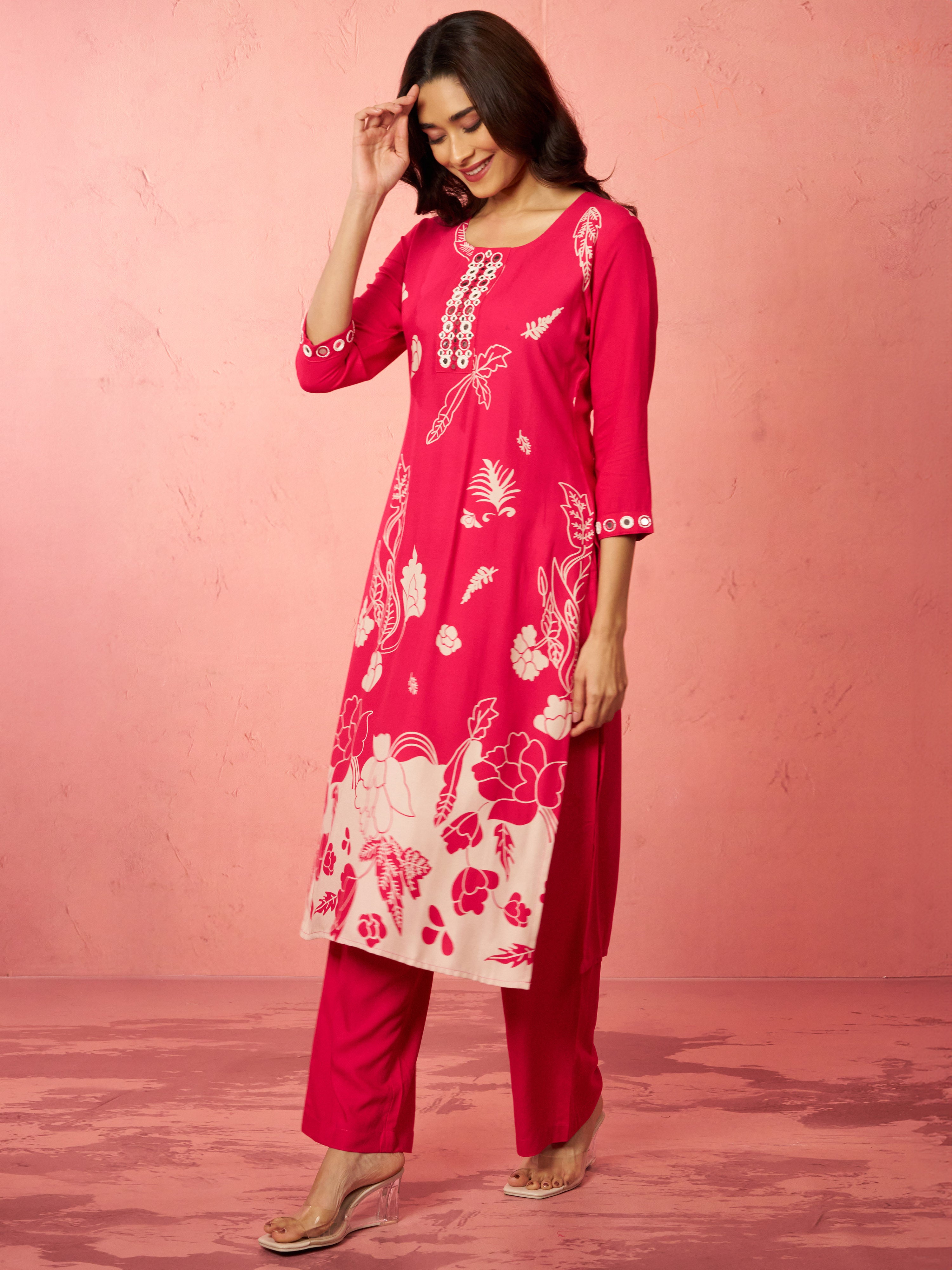 Women's Pink Rayon Mirror Work Kurta Set with Palazzo