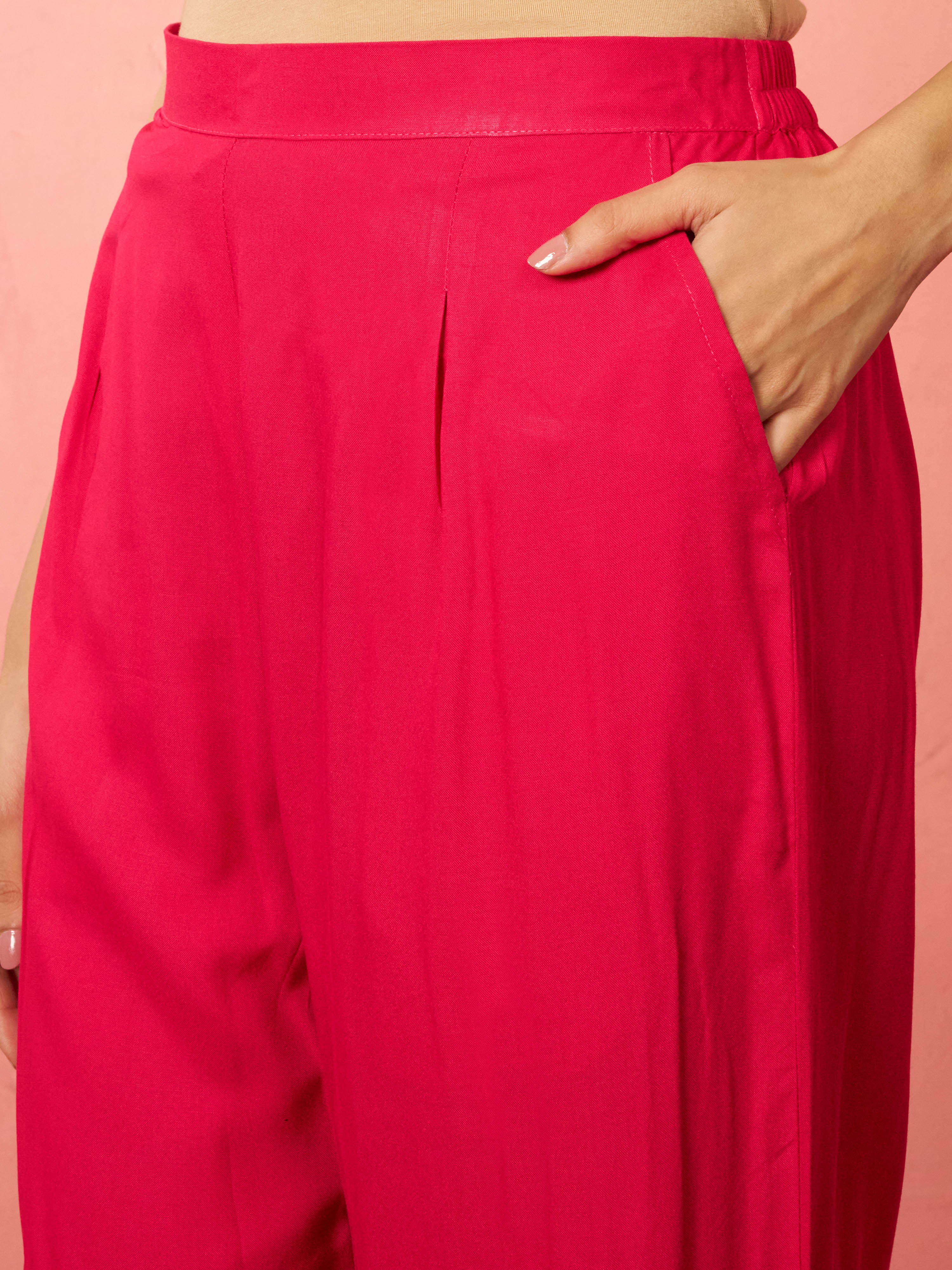 Women's Pink Rayon Mirror Work Kurta Set with Palazzo