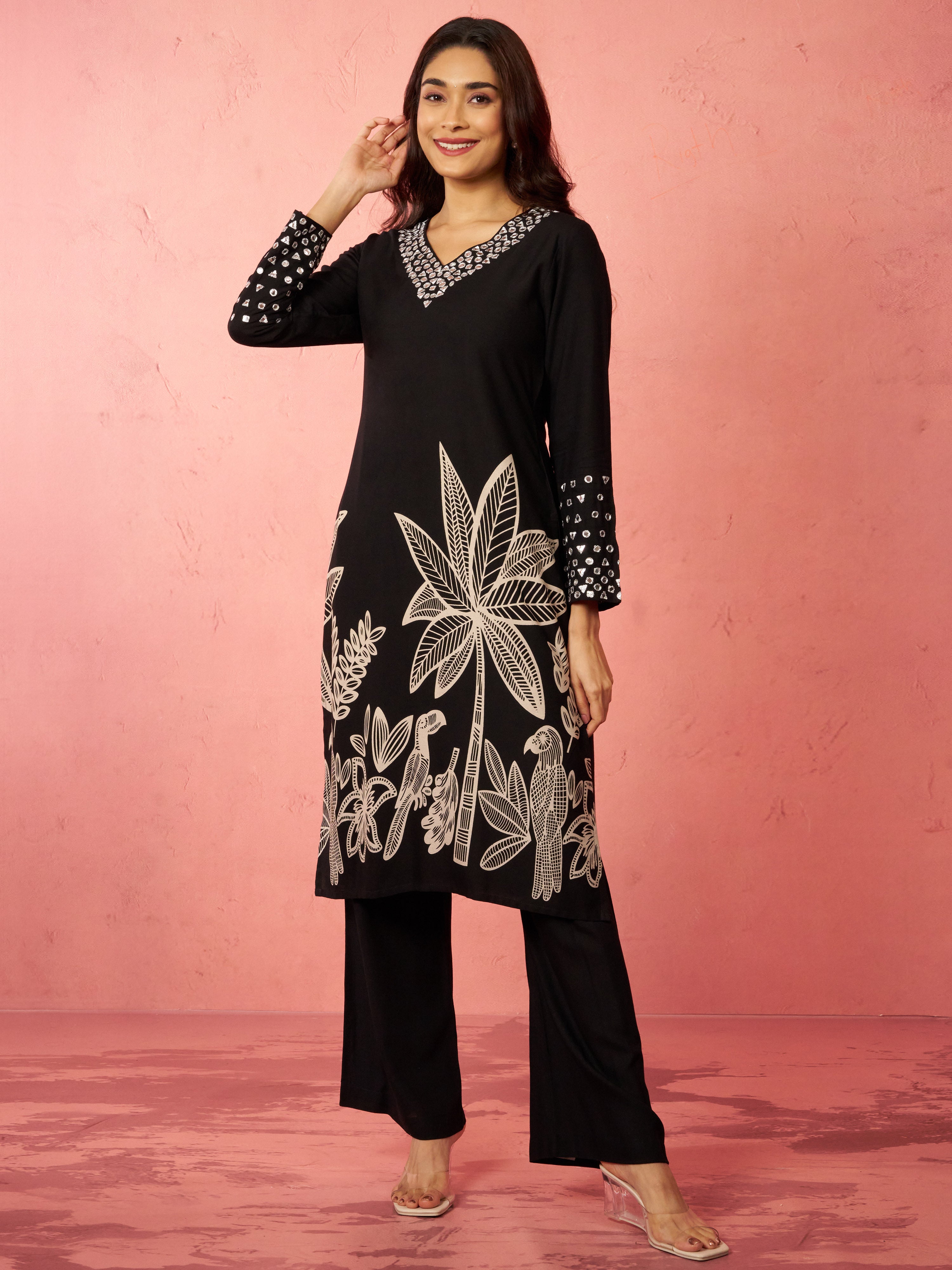 Women's Black Rayon Mirror Work Kurta Set with Flare Pants