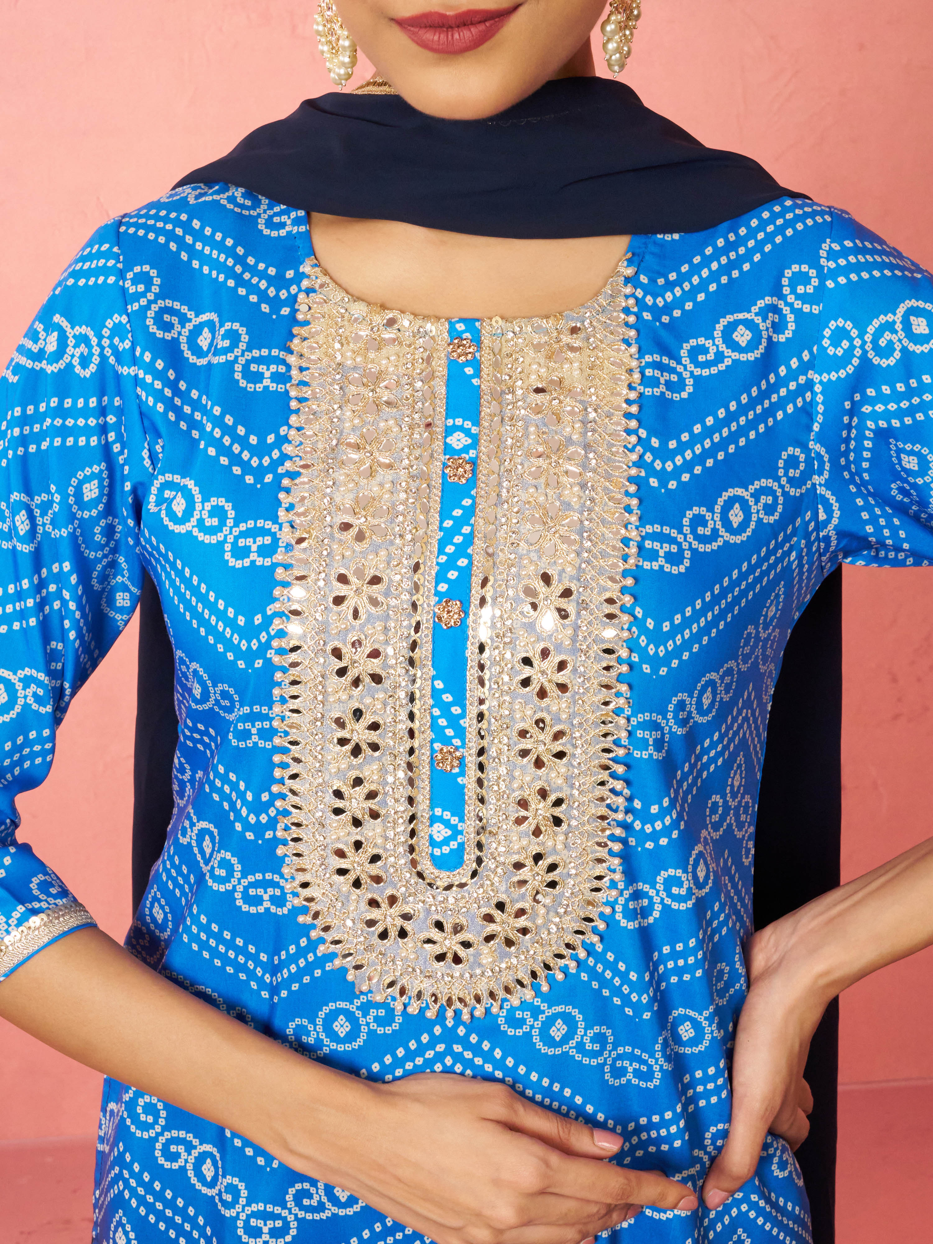 Women's Blue Muslin Bandhani Kurta Set with Straight Pants & Dupatta