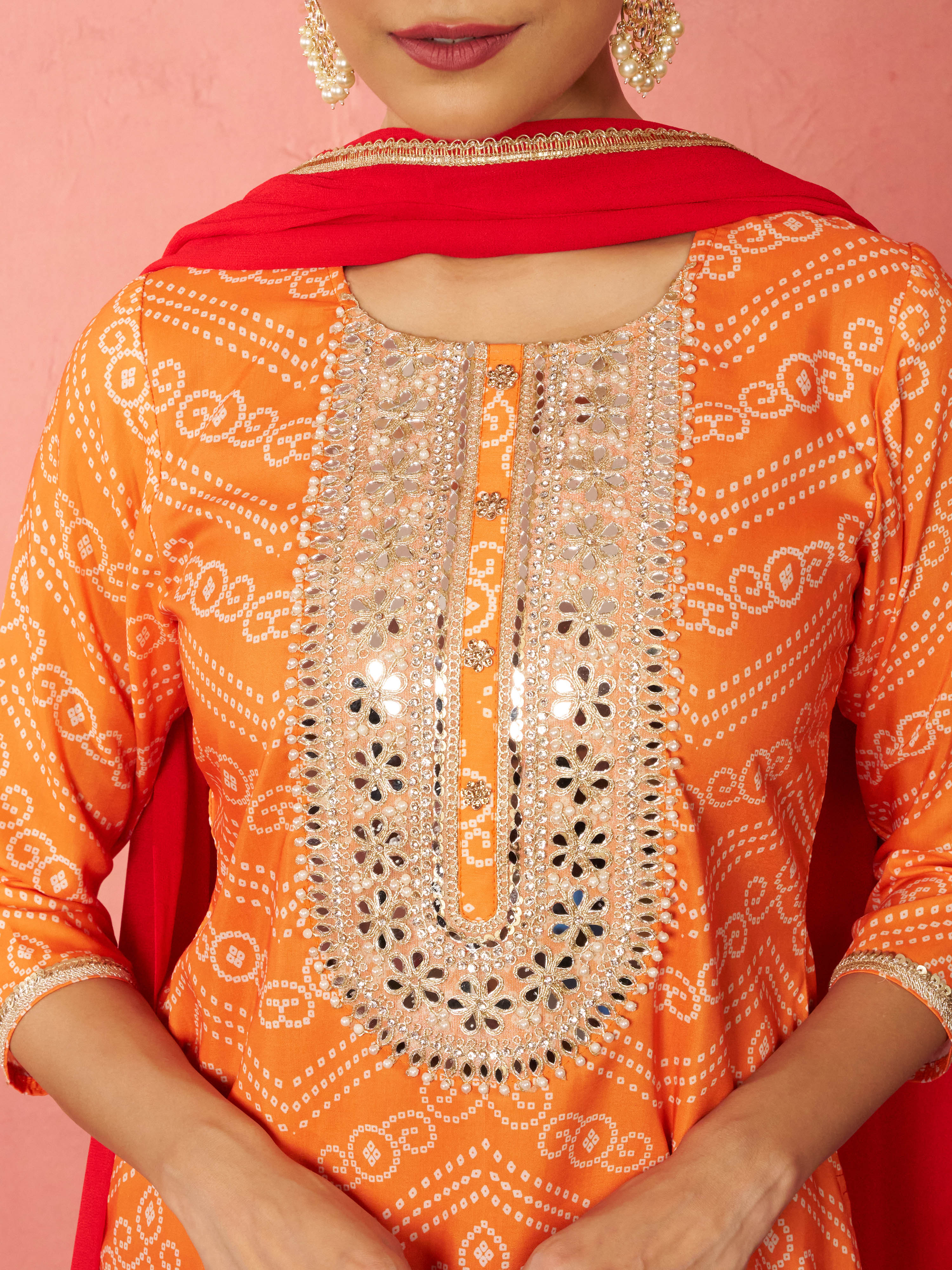 Women's Orange Muslin Bandhani Kurta Set with Straight Pants & Dupatta