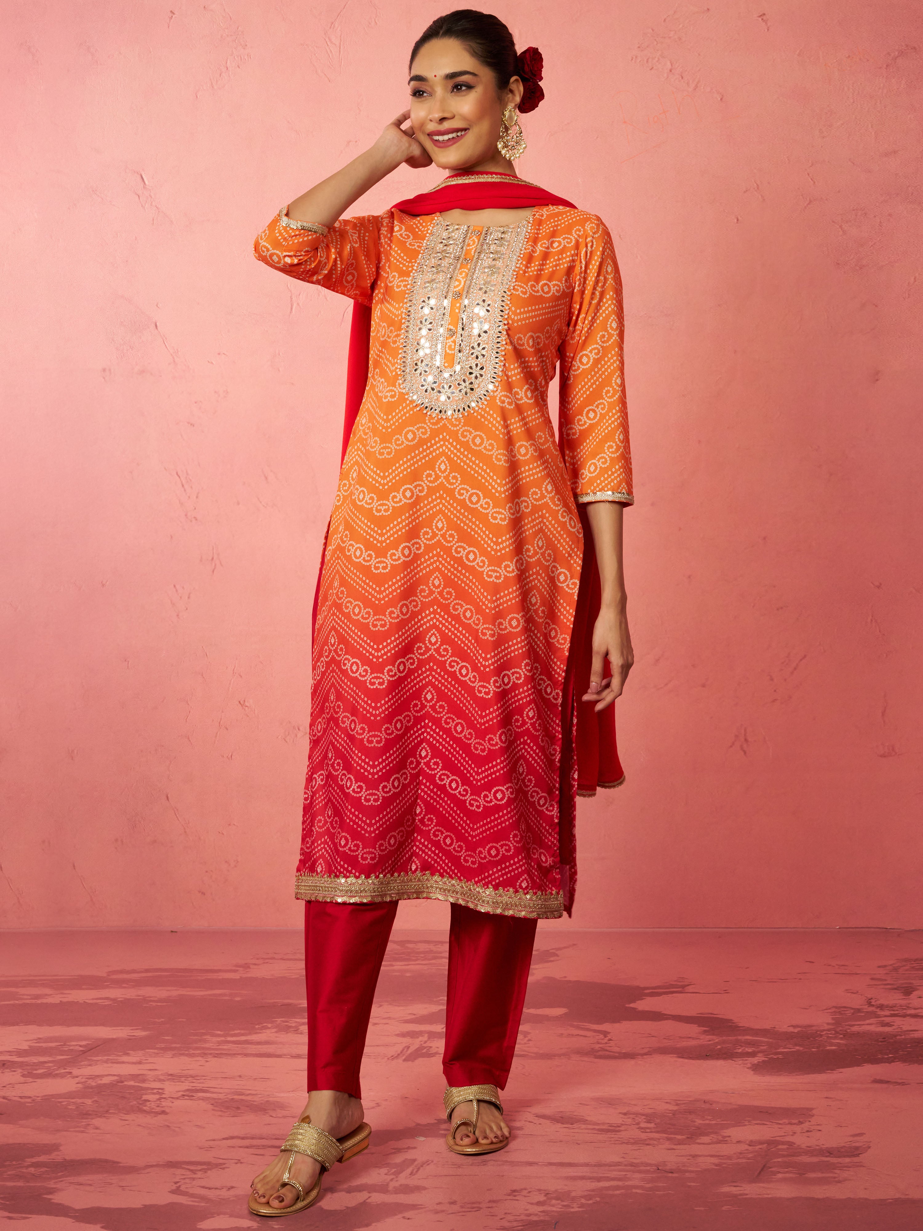 Women's Orange Muslin Bandhani Kurta Set with Straight Pants & Dupatta