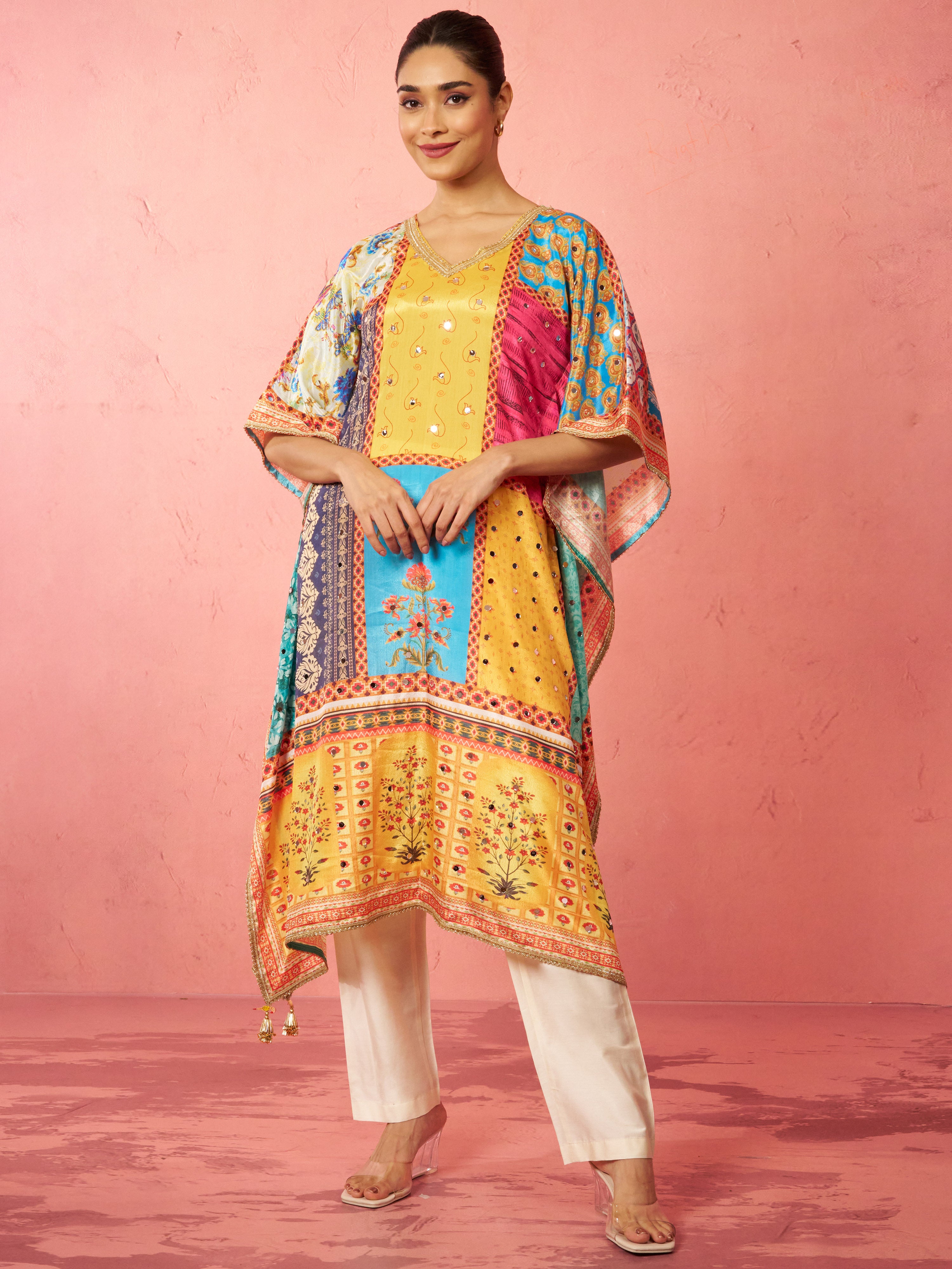 Women's Multicolour Chinon Kaftan Kurta Set