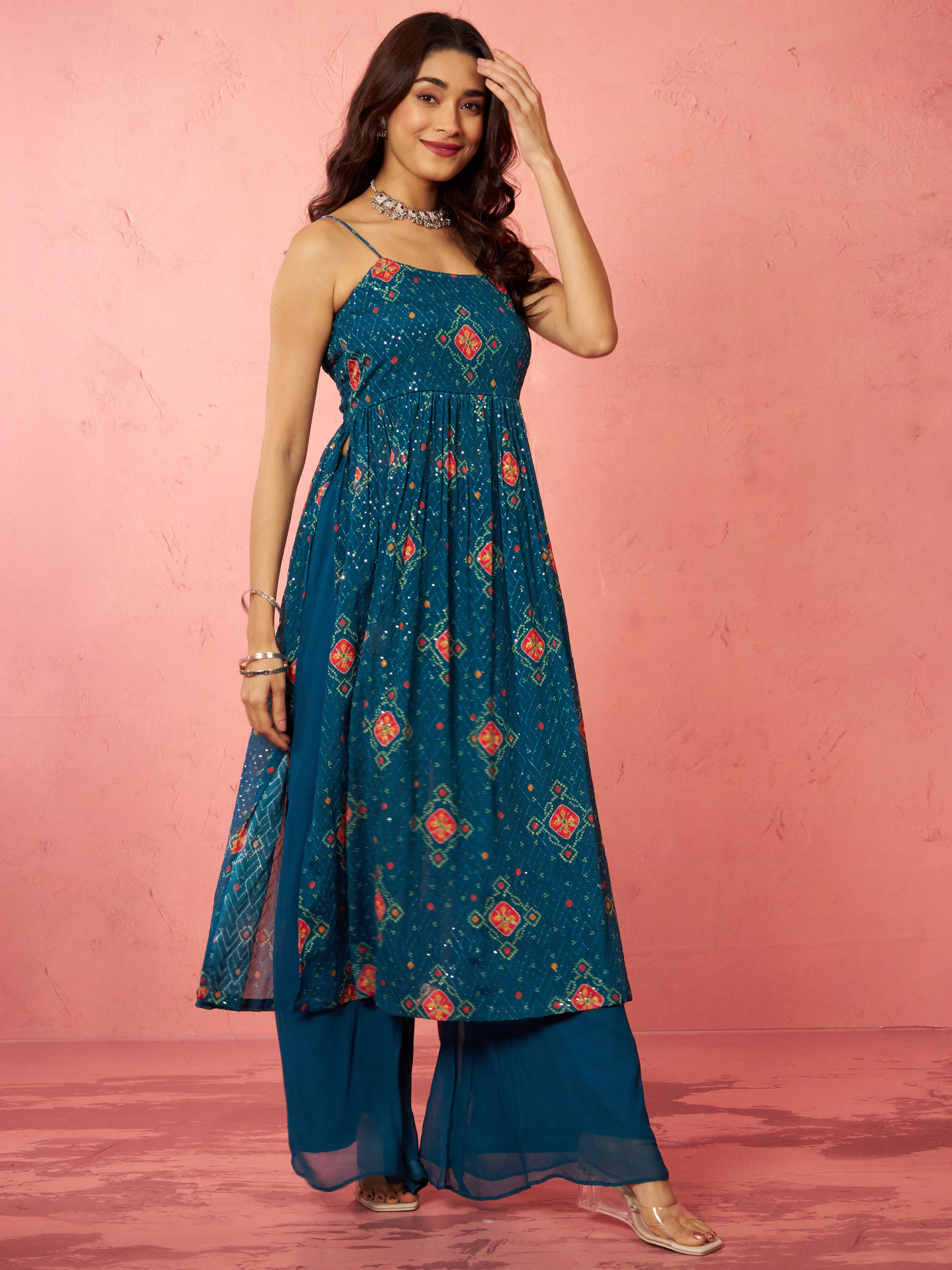 Women's Blue Chinon Sequin Anarkali Set with Palazzo