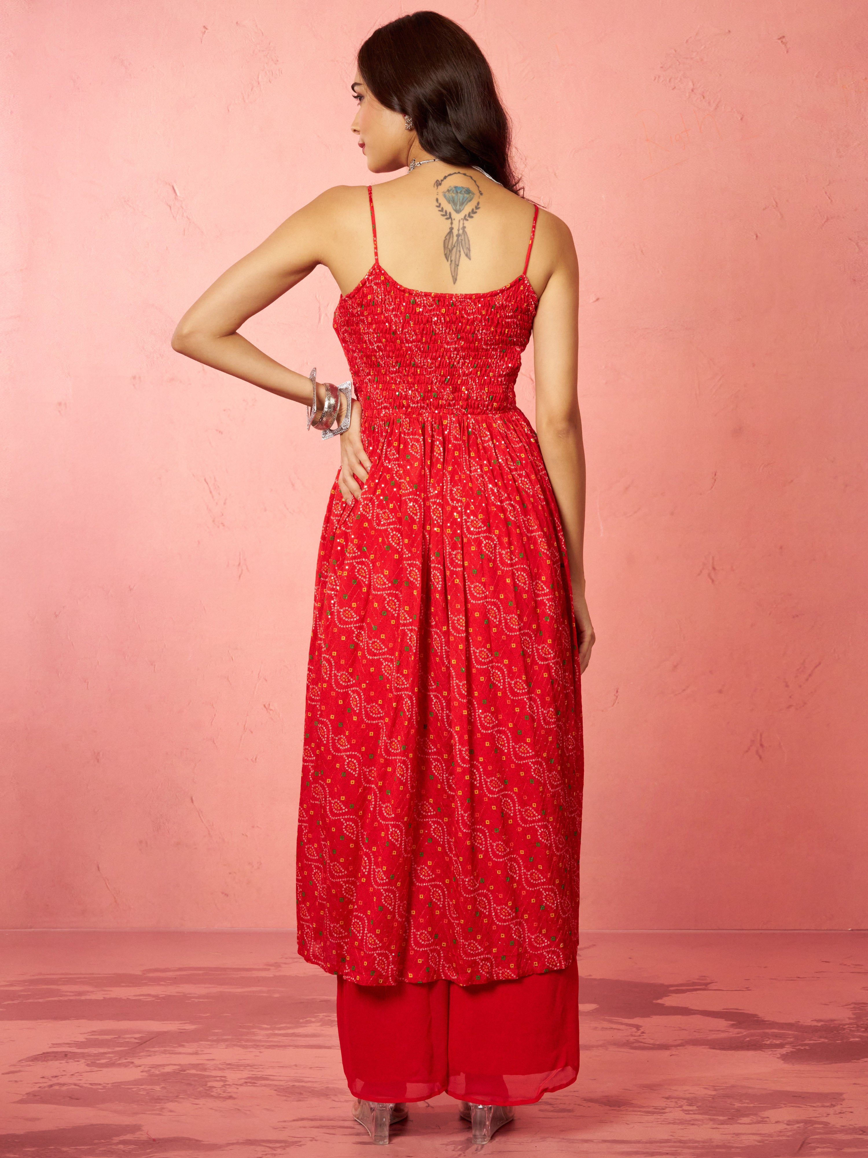 Women's Red Chinon Sequin Anarkali Set with Palazzo