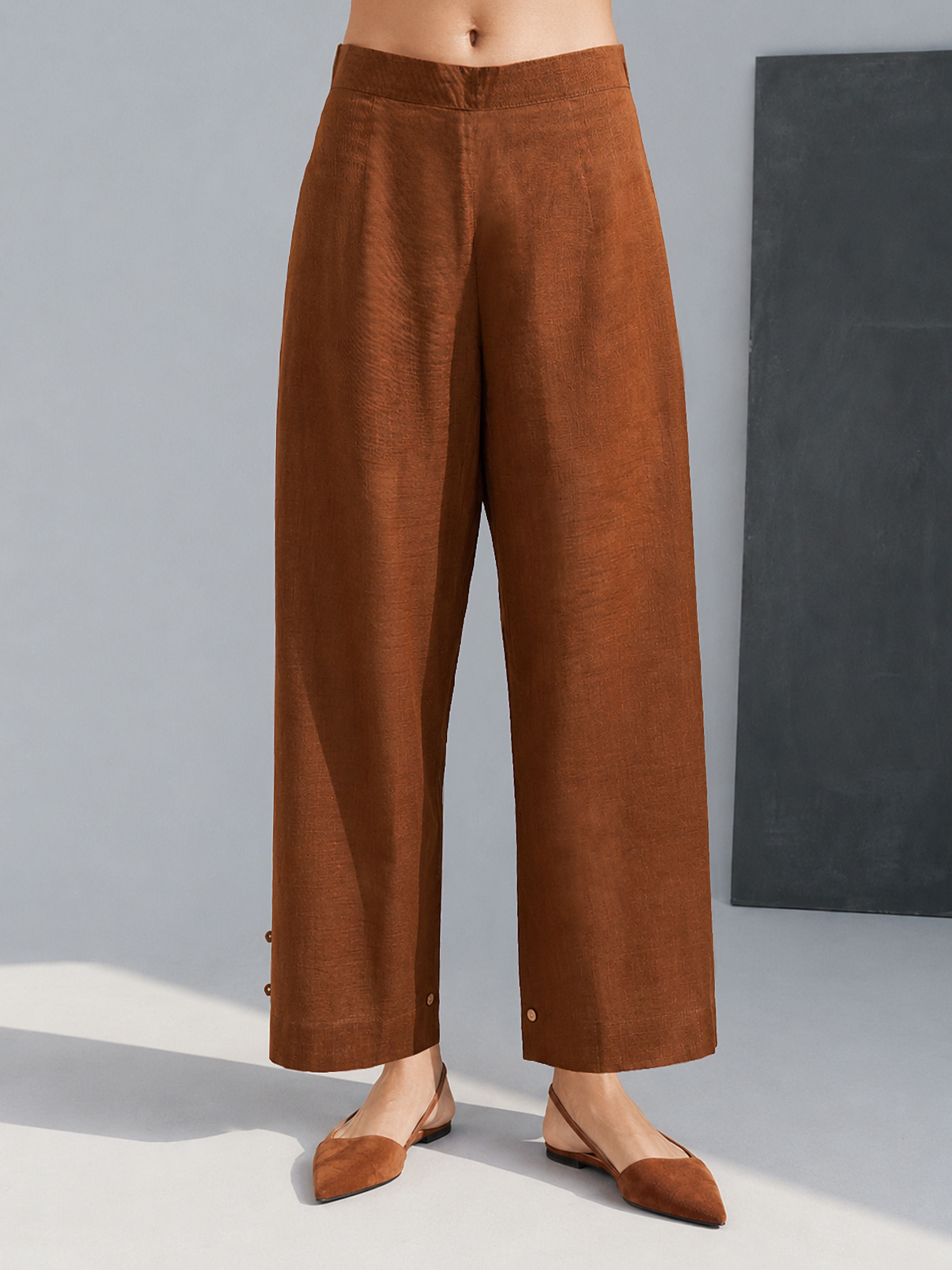 Women Brown Cotton Solid Wide-Leg Palazzo Pants Mid Rise