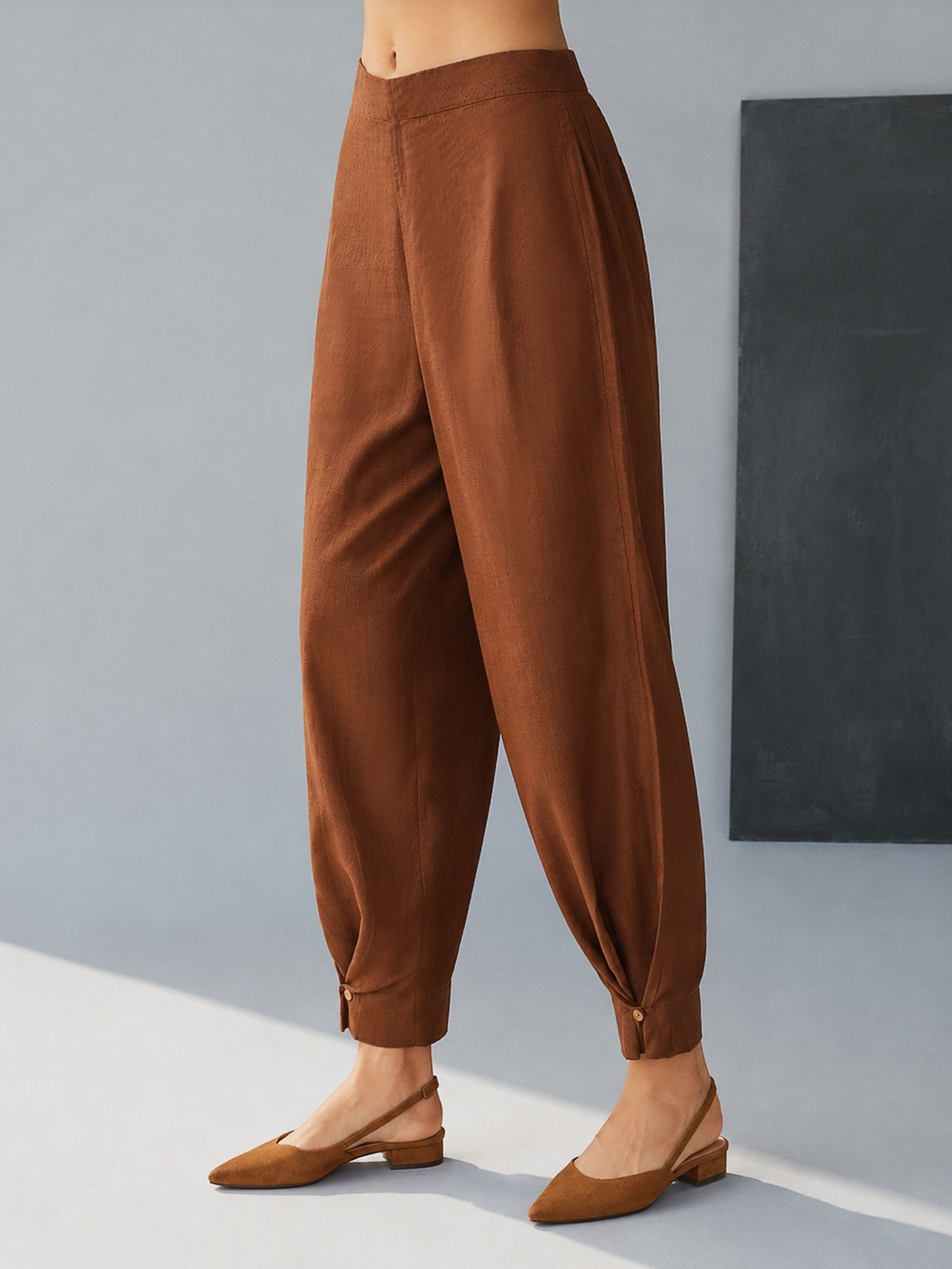 Women's Brown Cotton Solid Wide-Leg Straight Pant