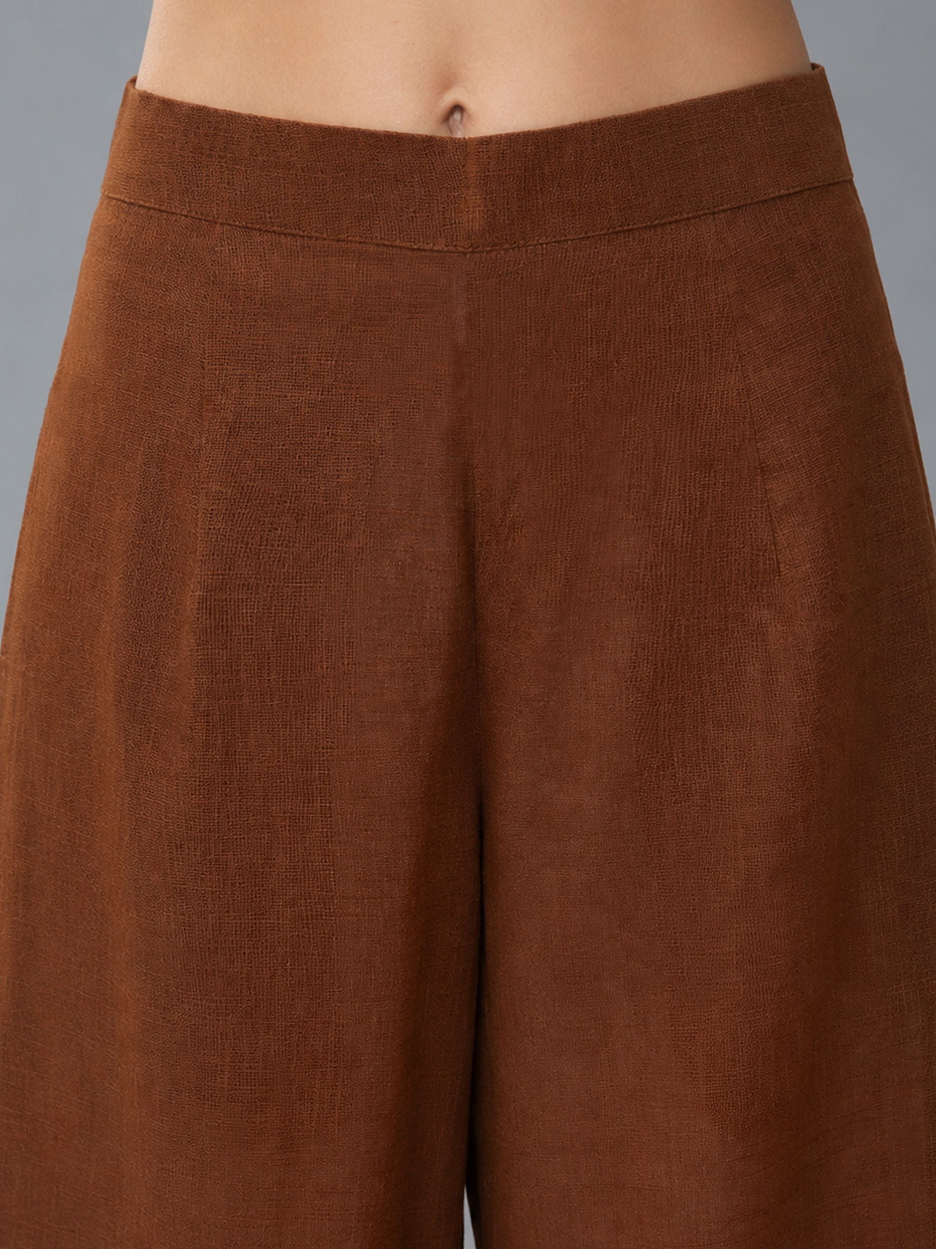 Women's Brown Cotton Solid Wide-Leg Straight Pant
