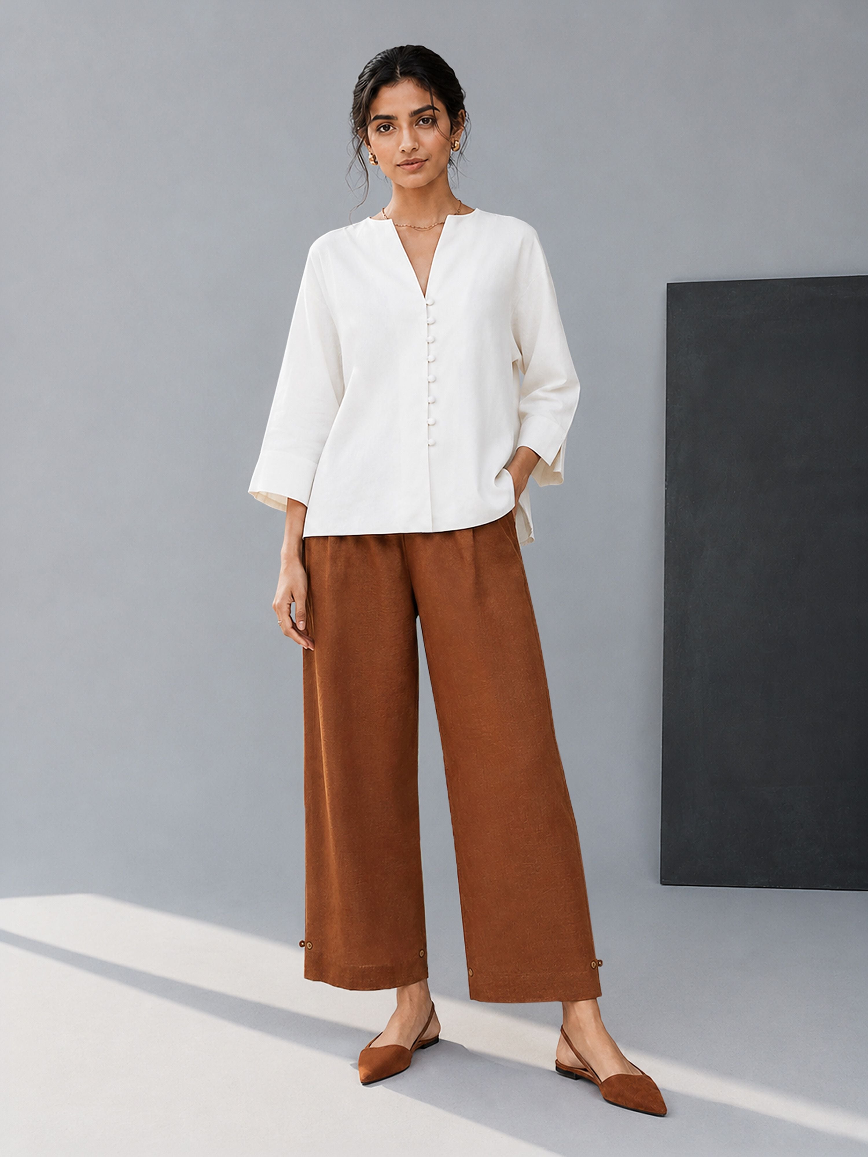 Women's Brown Cotton Solid Wide-Leg Straight Pant