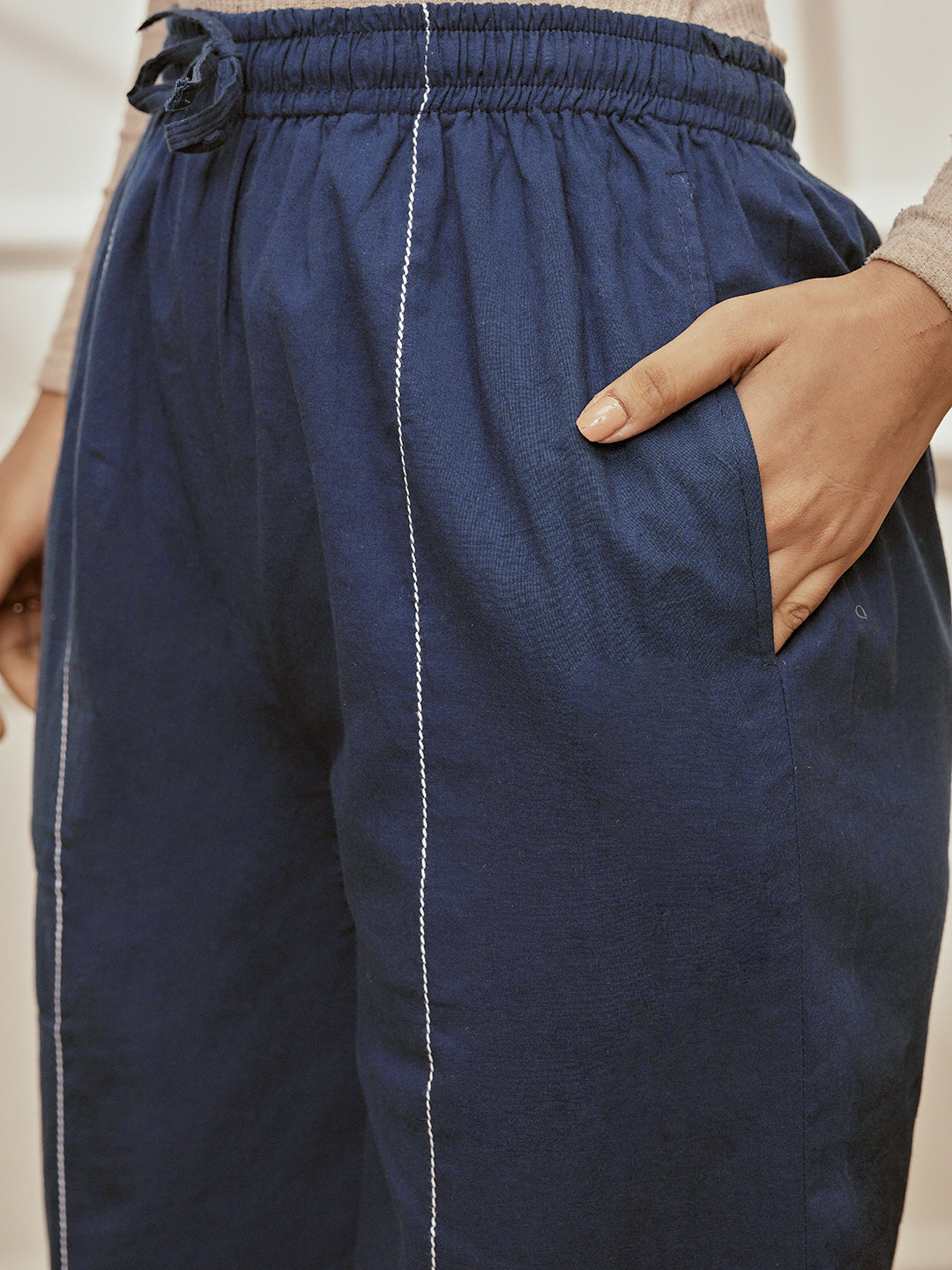 Women's Navy Blue Cambric Embroidered Joggers Yoga Pants