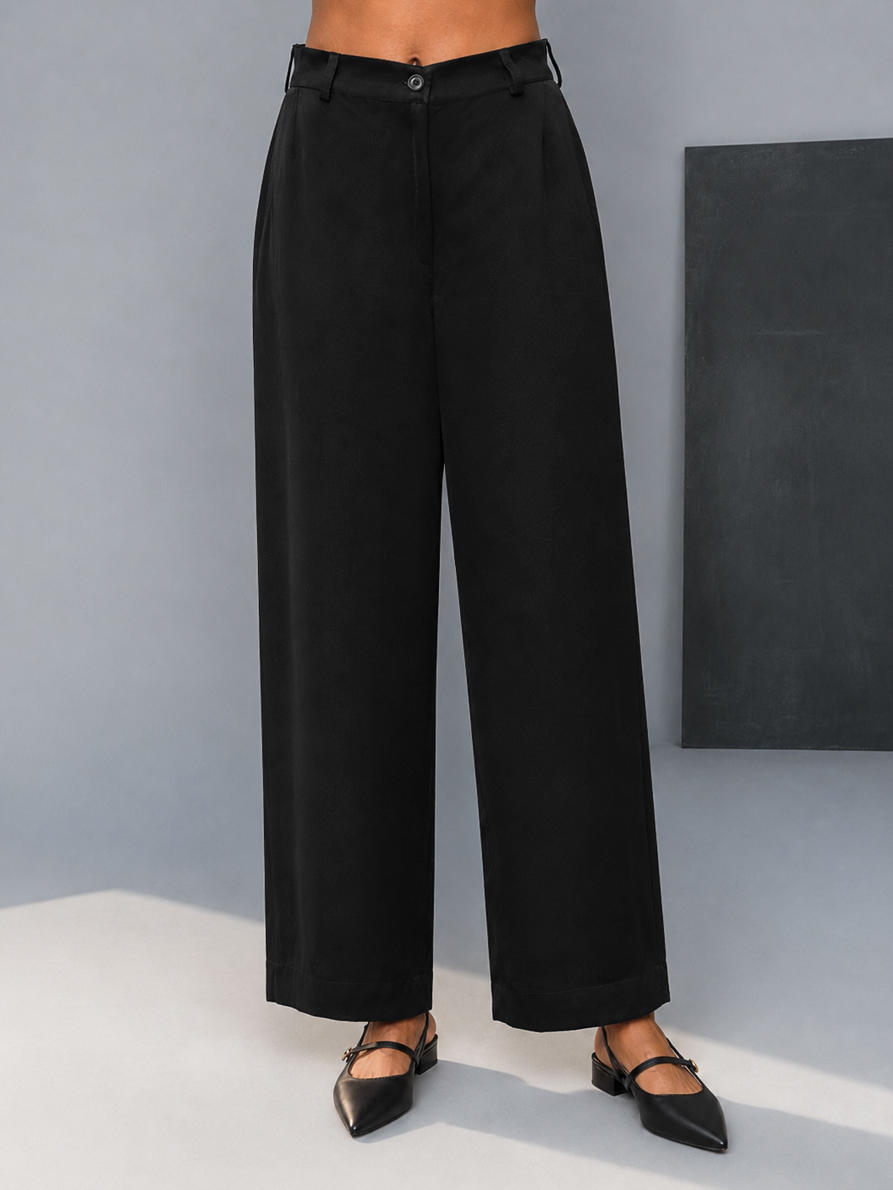 Women Black Silk-Blend Wide Leg Palazzo Pants