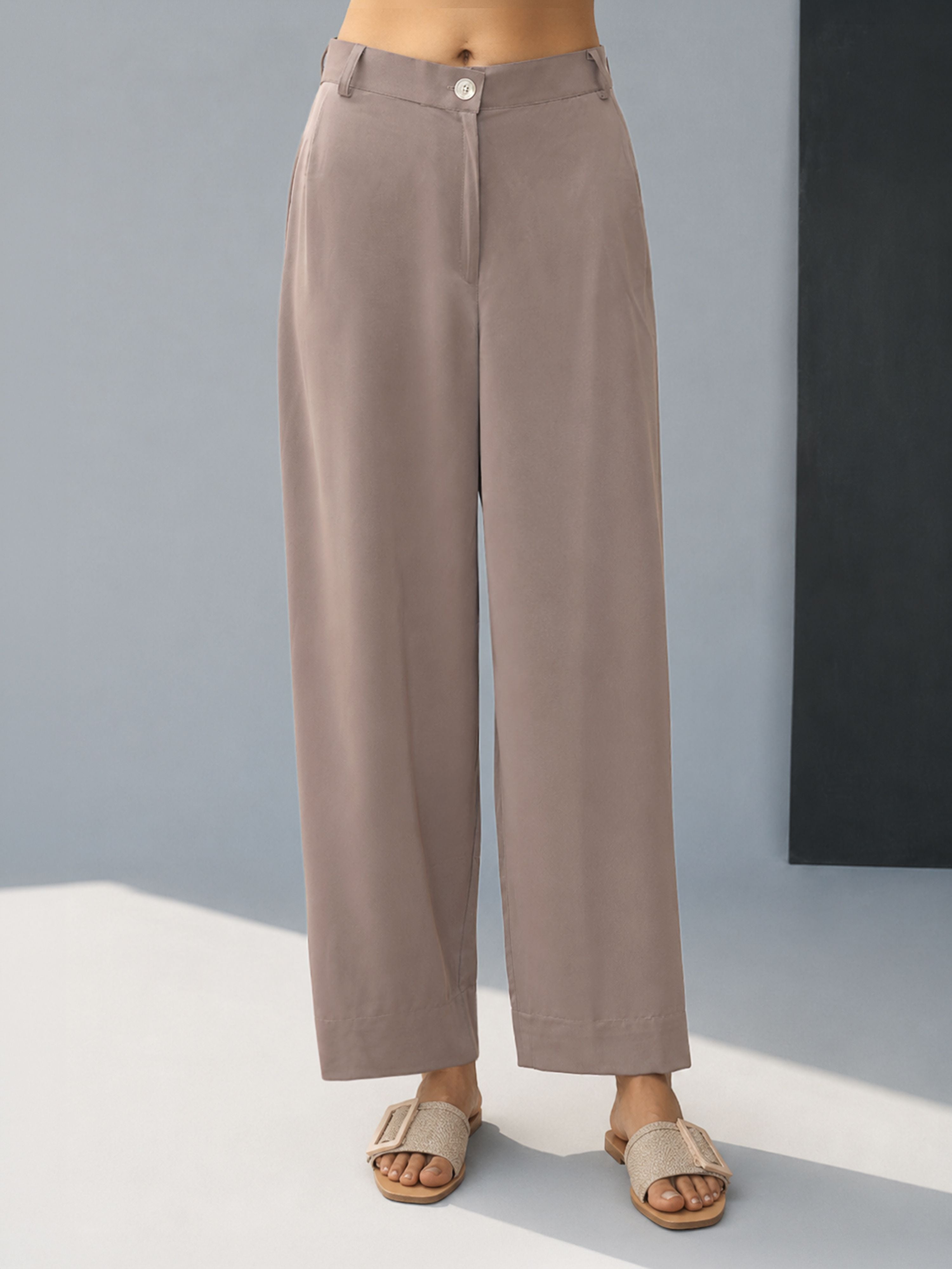 Grey Silk-Blend Wide Leg Palazzo Pants - Ankle Length
