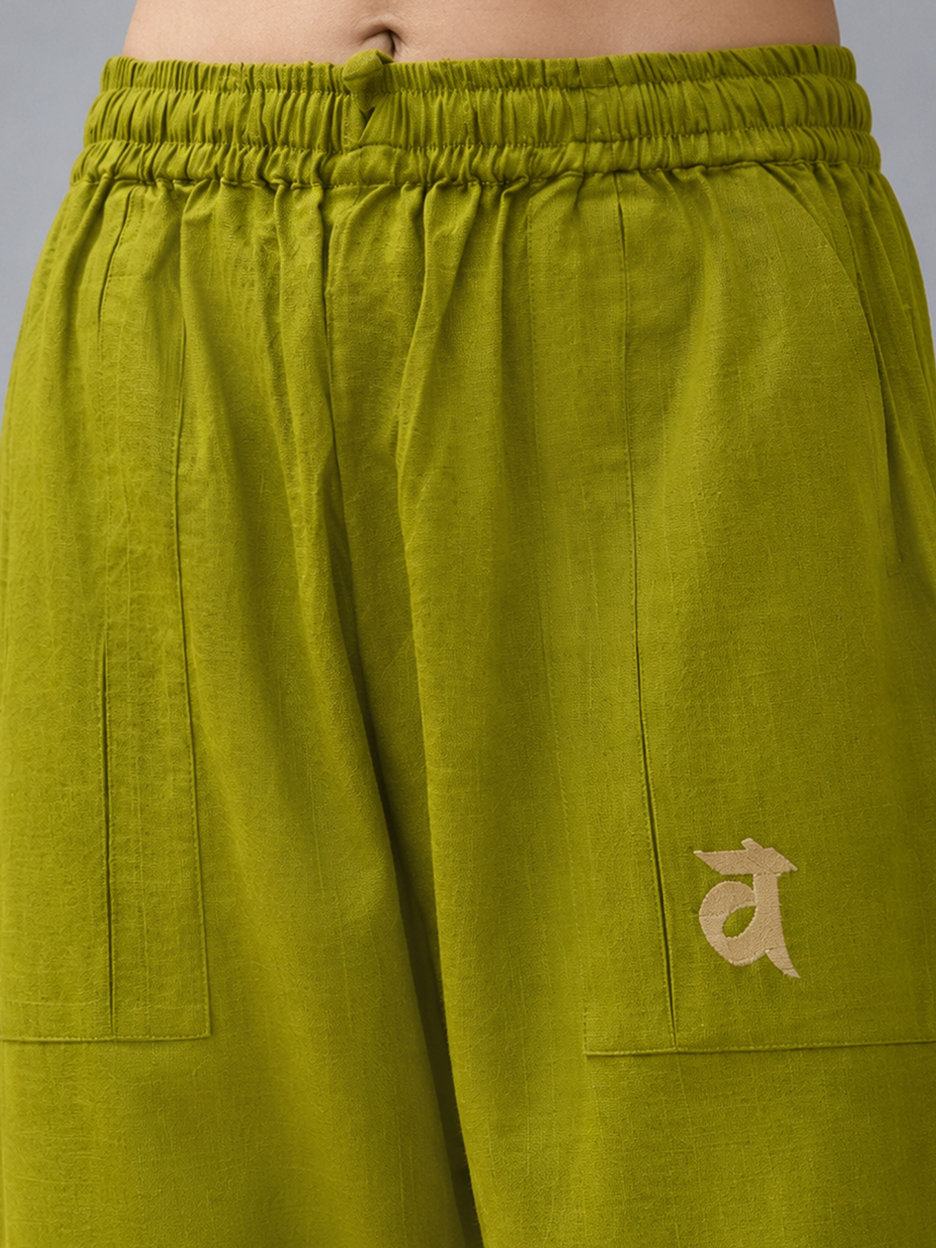 Women's Green Silk-Blend Solid Wide Leg