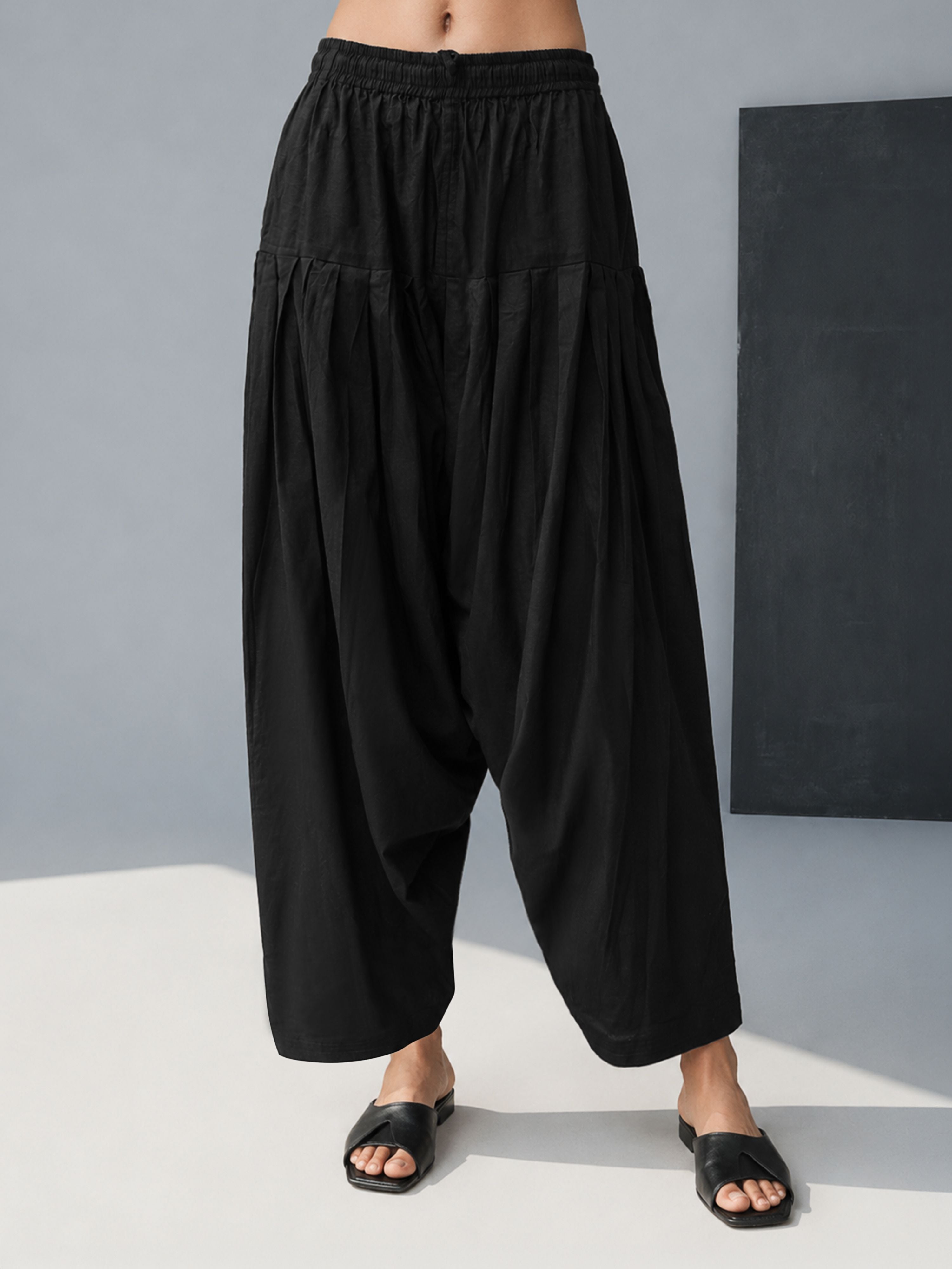 Women Black Cotton Solid Patiala Salwar with Drawstring