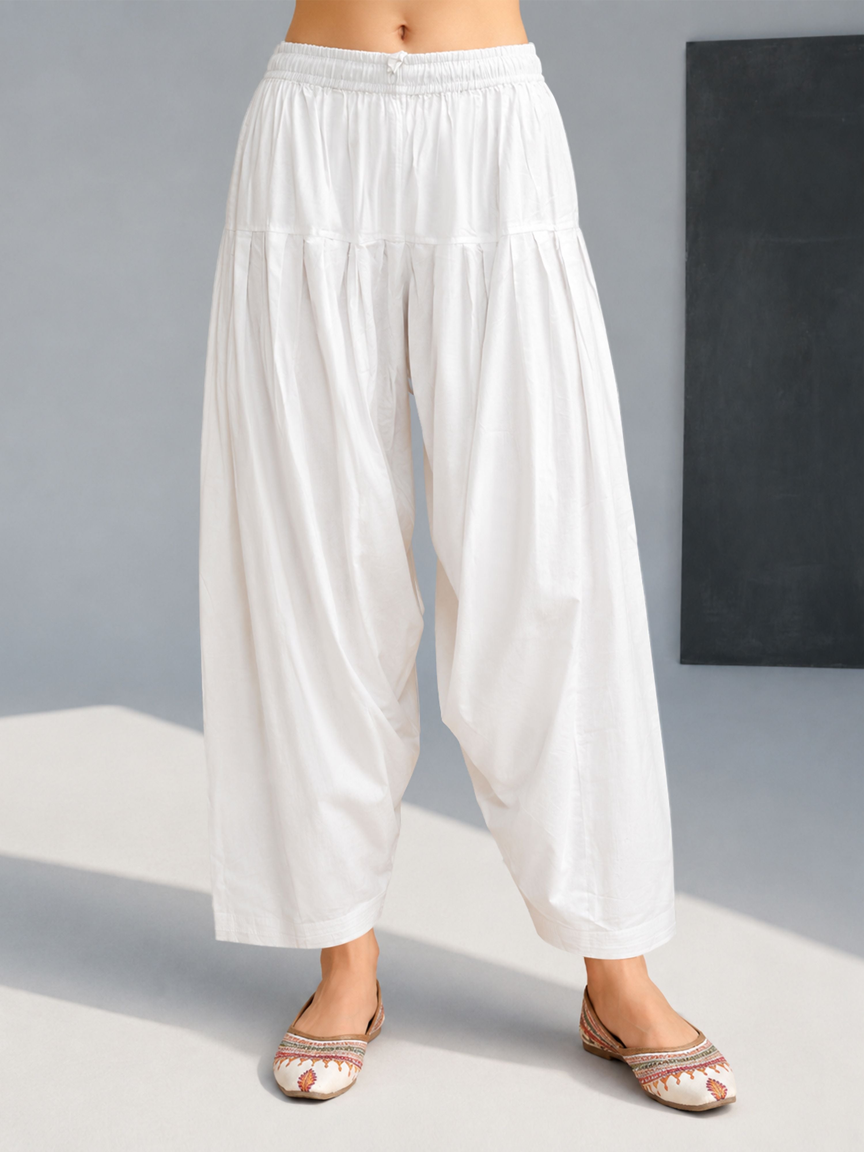 Women White Cotton Solid Patiala Salwar with Drawstring