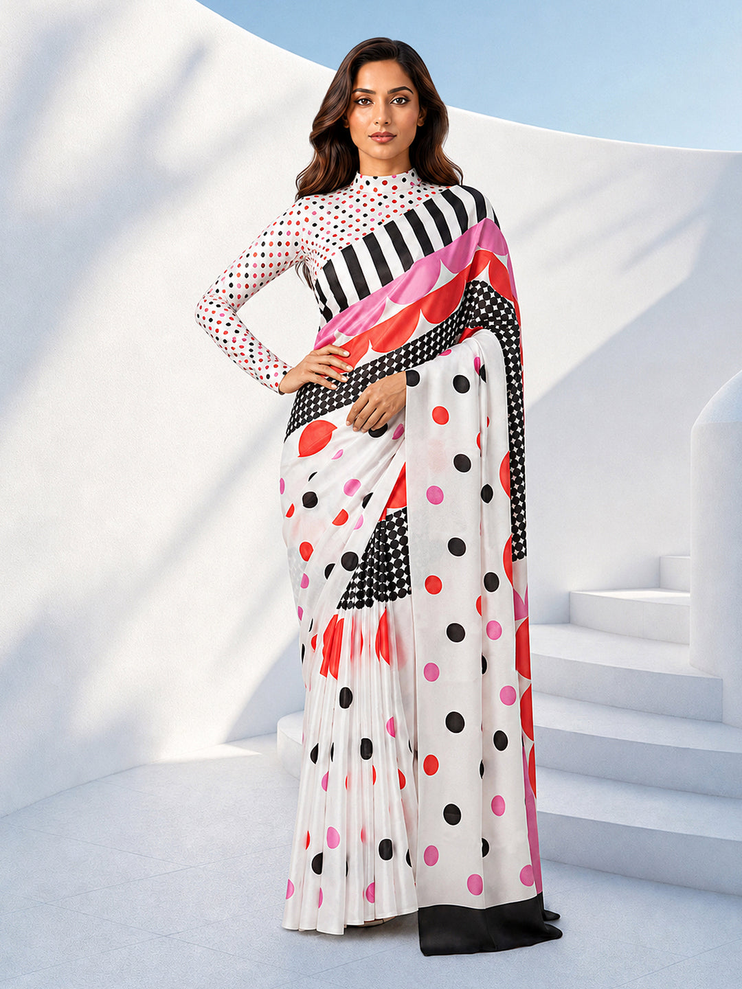 White Silk Blend Polka Dot Saree with Geometric Prints
