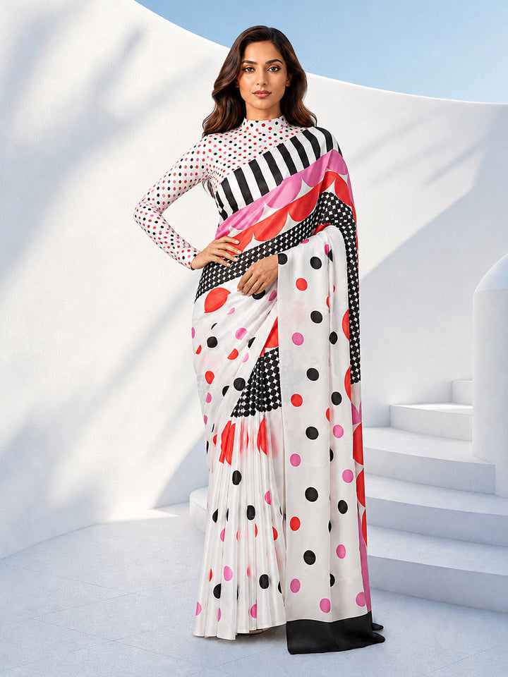 White Silk Blend Polka Dot Saree with Geometric Prints