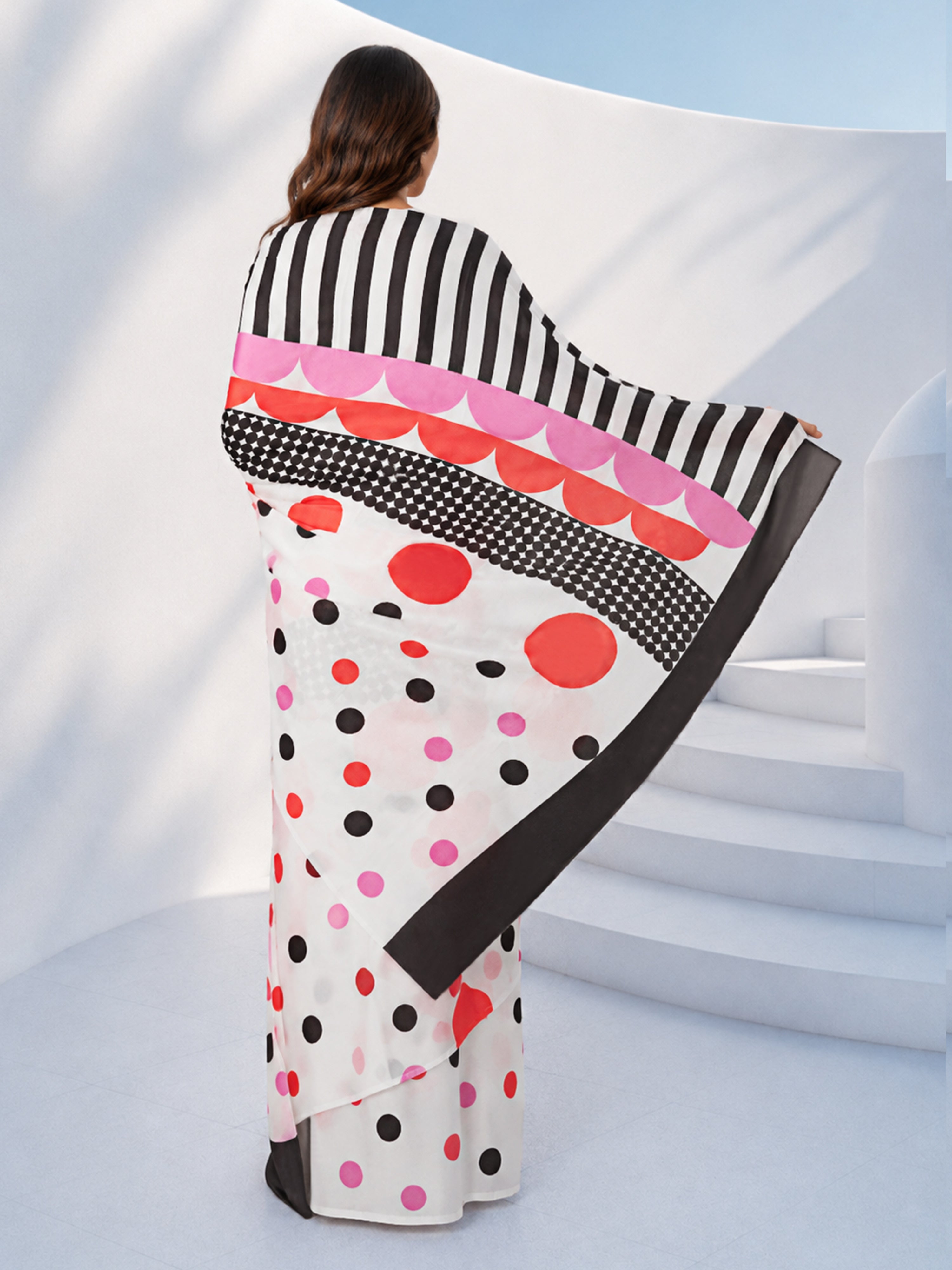 Women's White  Polka Dots, Striped Saree with Unstitched Blouse Piece