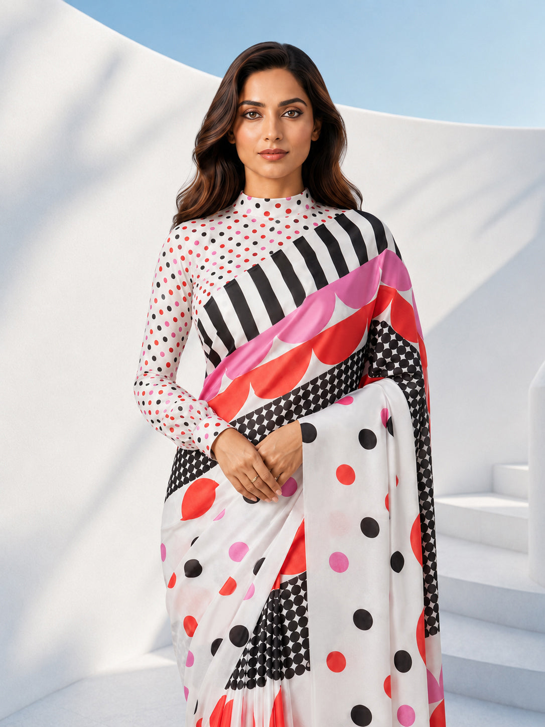Women's White  Polka Dots, Striped Saree with Unstitched Blouse Piece
