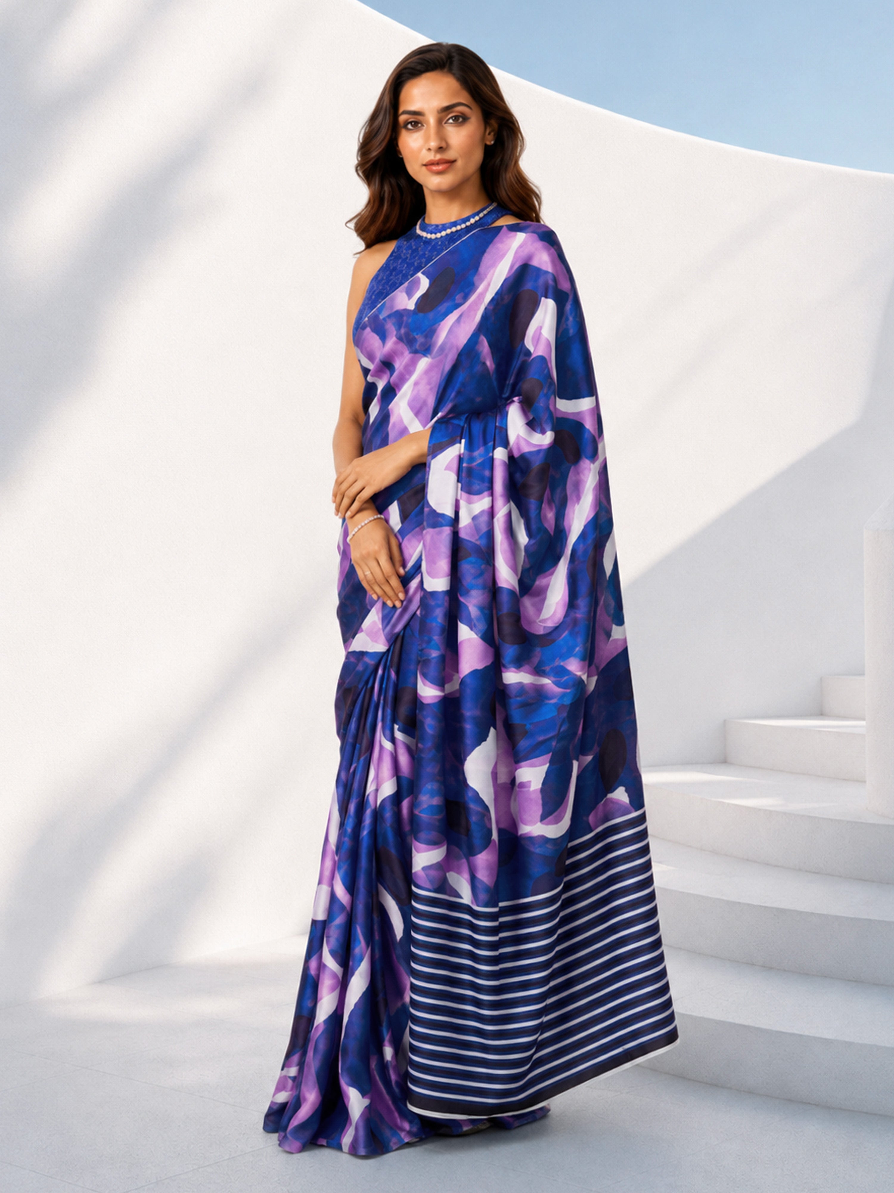 Women's Blue  Striped, Abstract Saree with Unstitched Blouse Piece