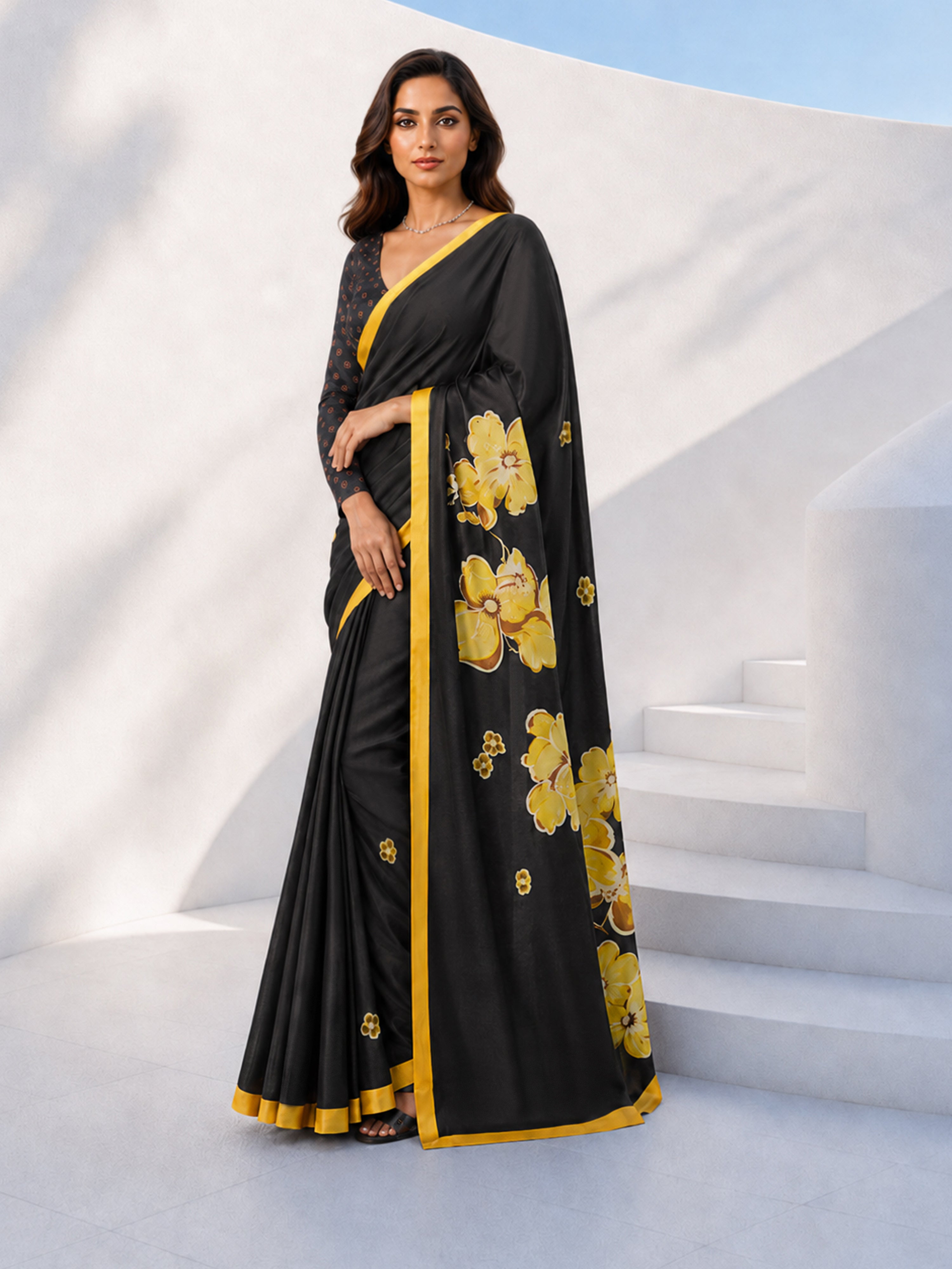 Women's Black  Floral Saree with Unstitched Blouse Piece