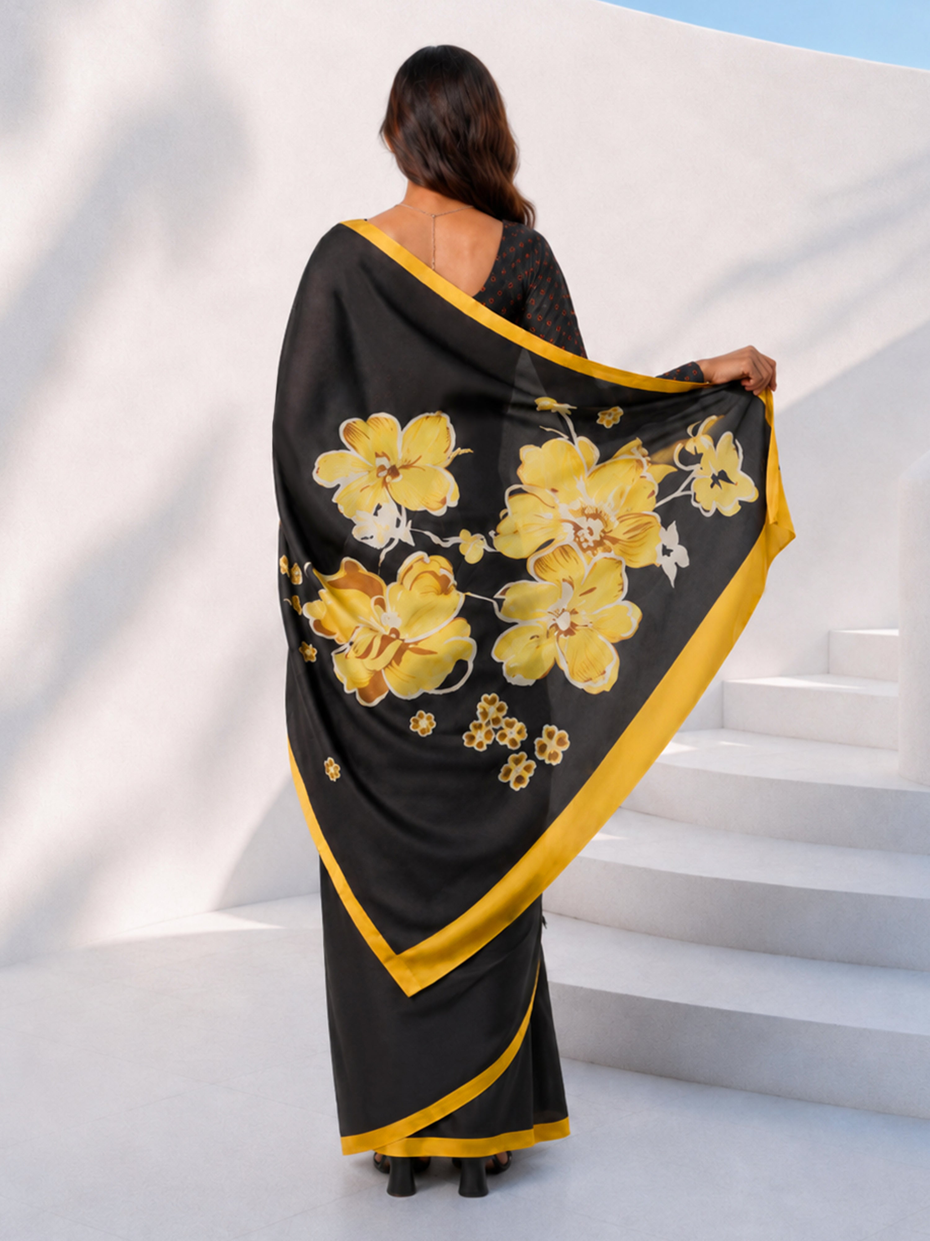 Women's Black  Floral Saree with Unstitched Blouse Piece
