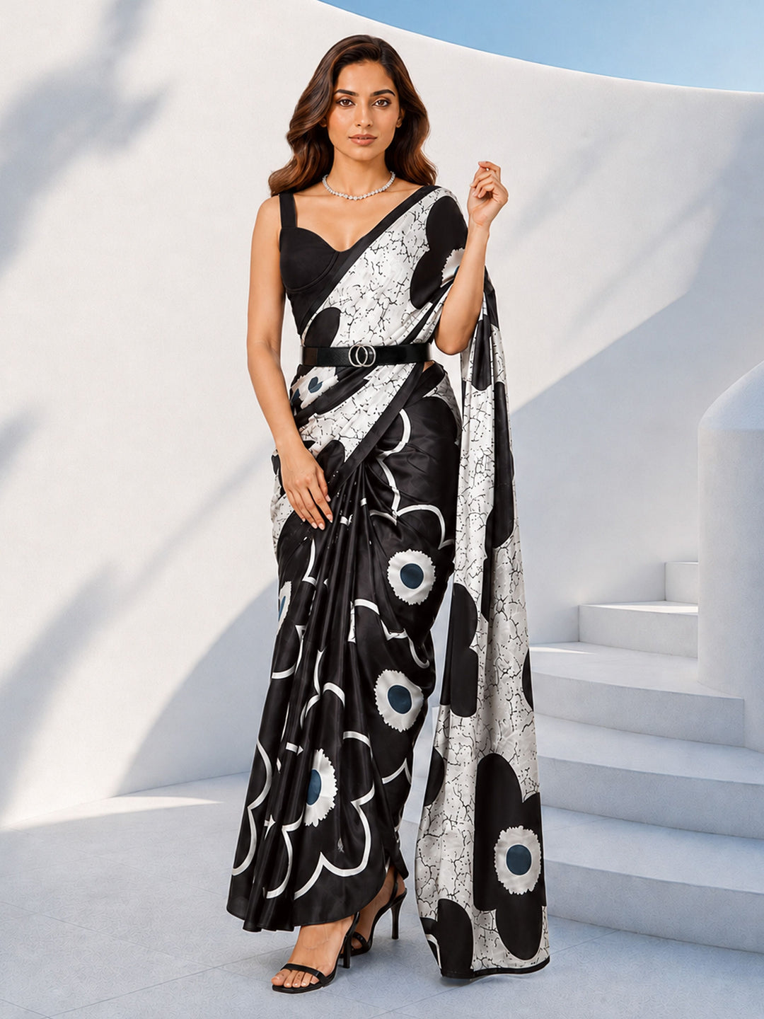 White Silk Blend Floral Printed Saree with Blouse Piece