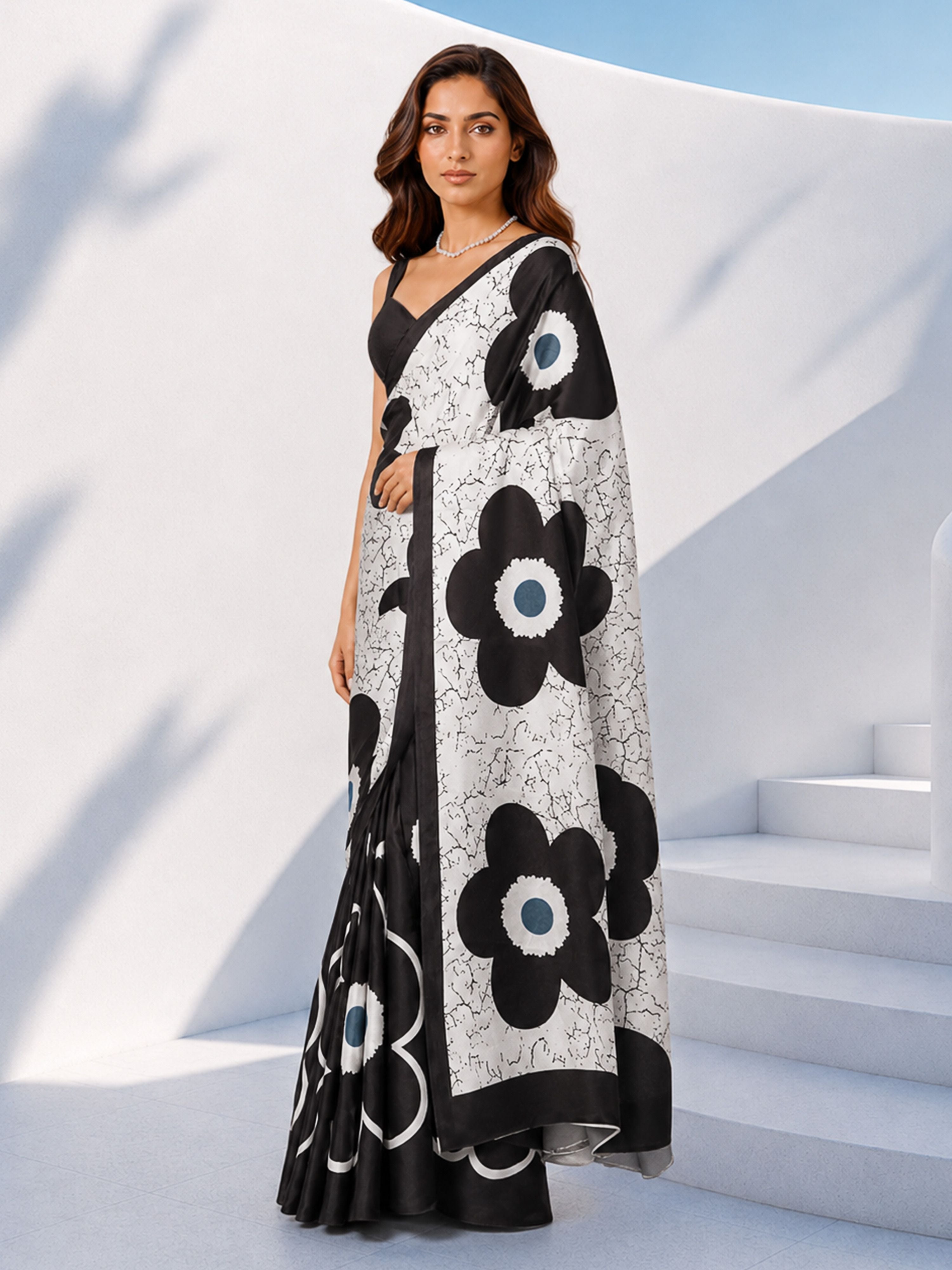 Women's White Silk-Blend Floral Print Saree With Unstitched Blouse Piece