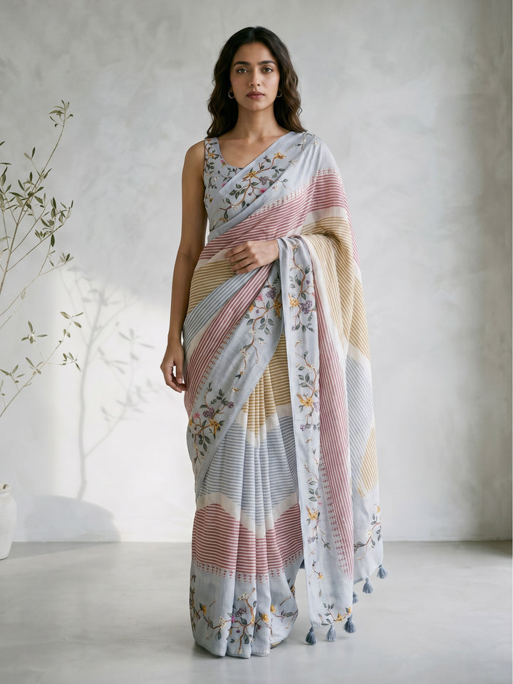 Multicolor Silk Blend Floral Printed Saree with Tassels