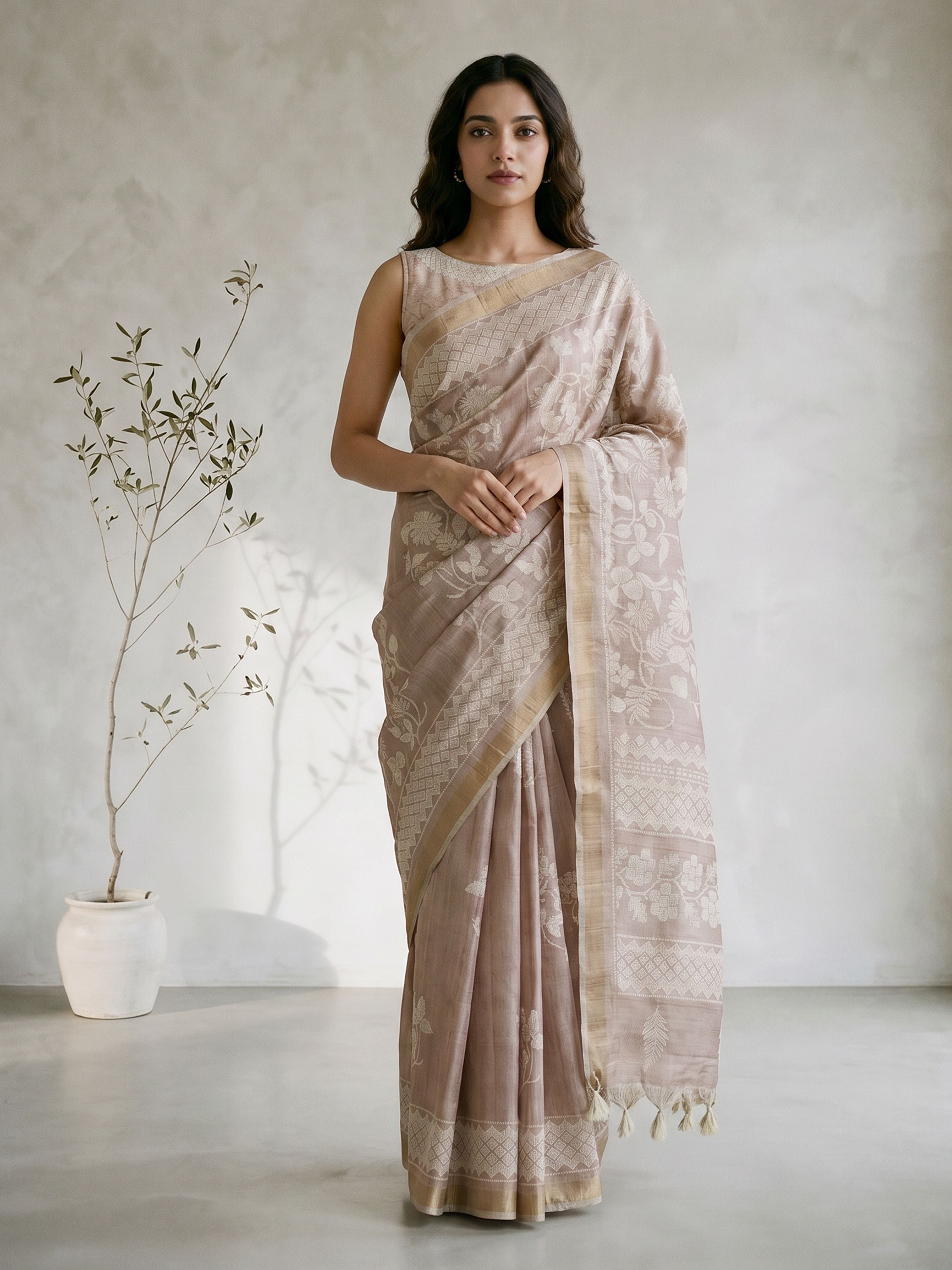 Beige Silk Blend Jacquard Woven Saree with Tassels