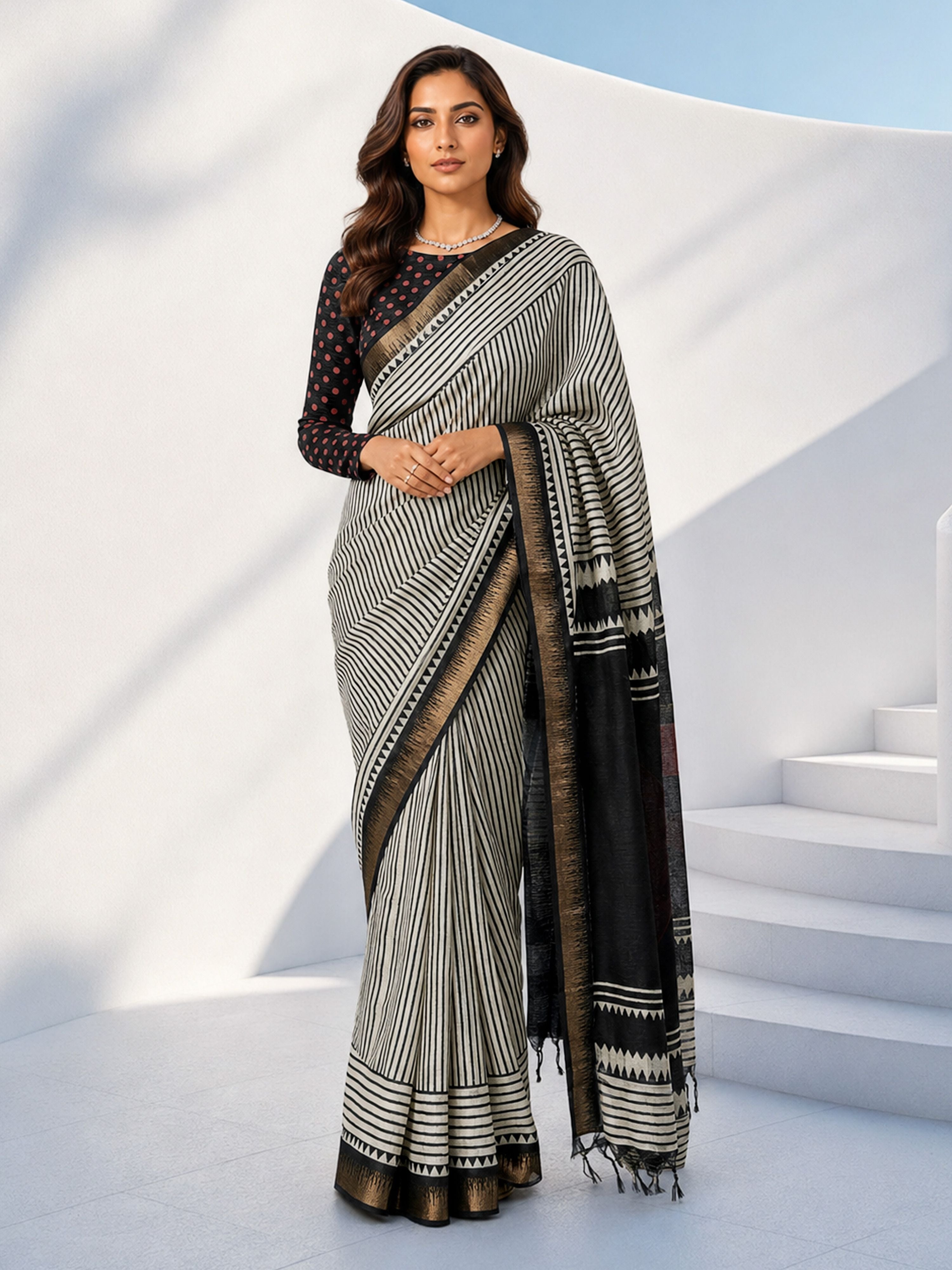 Women's Black Silk-Blend Geometric Print Saree With Unstitched Blouse Piece