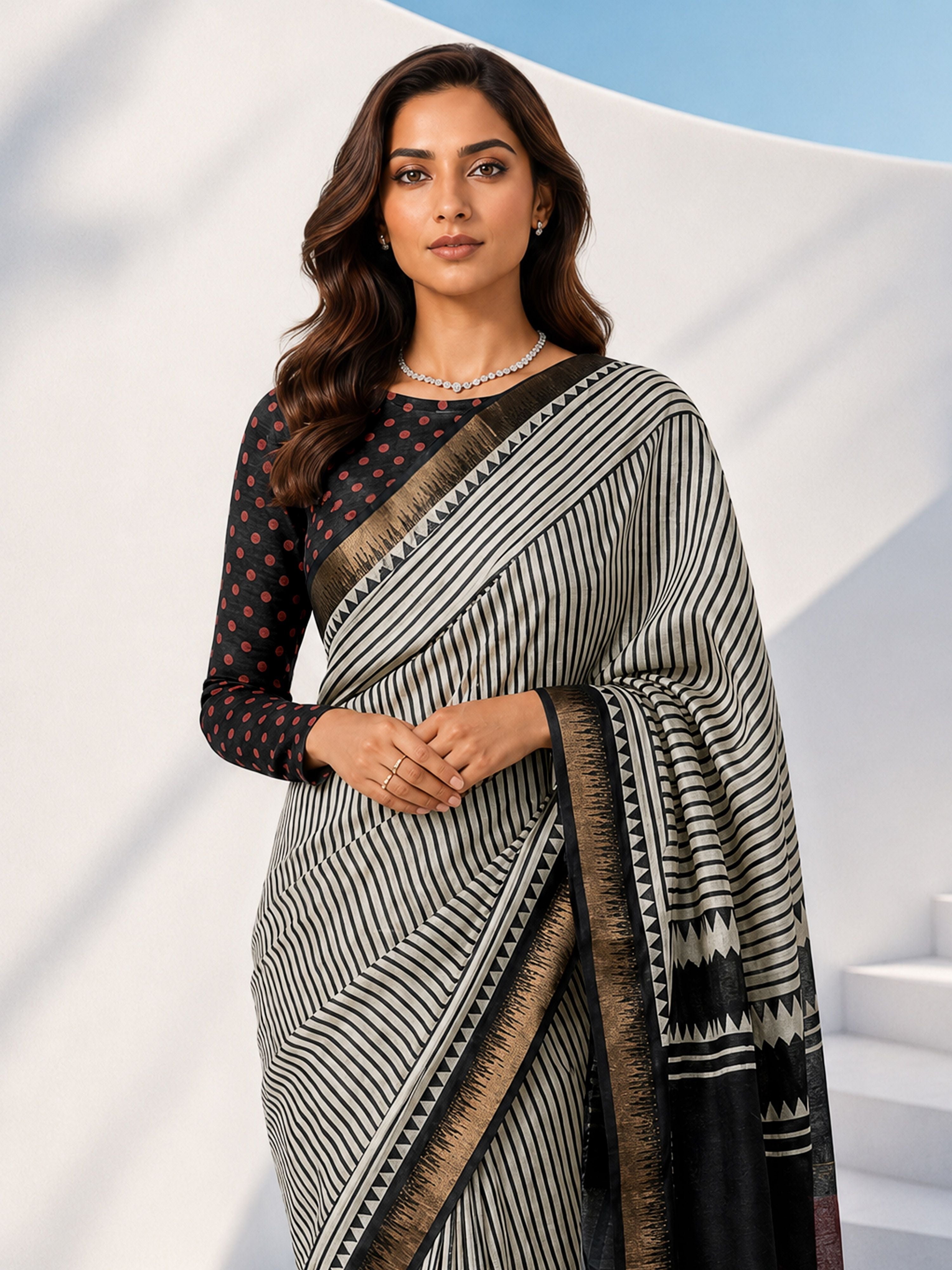 Women's Black Silk-Blend Geometric Print Saree With Unstitched Blouse Piece