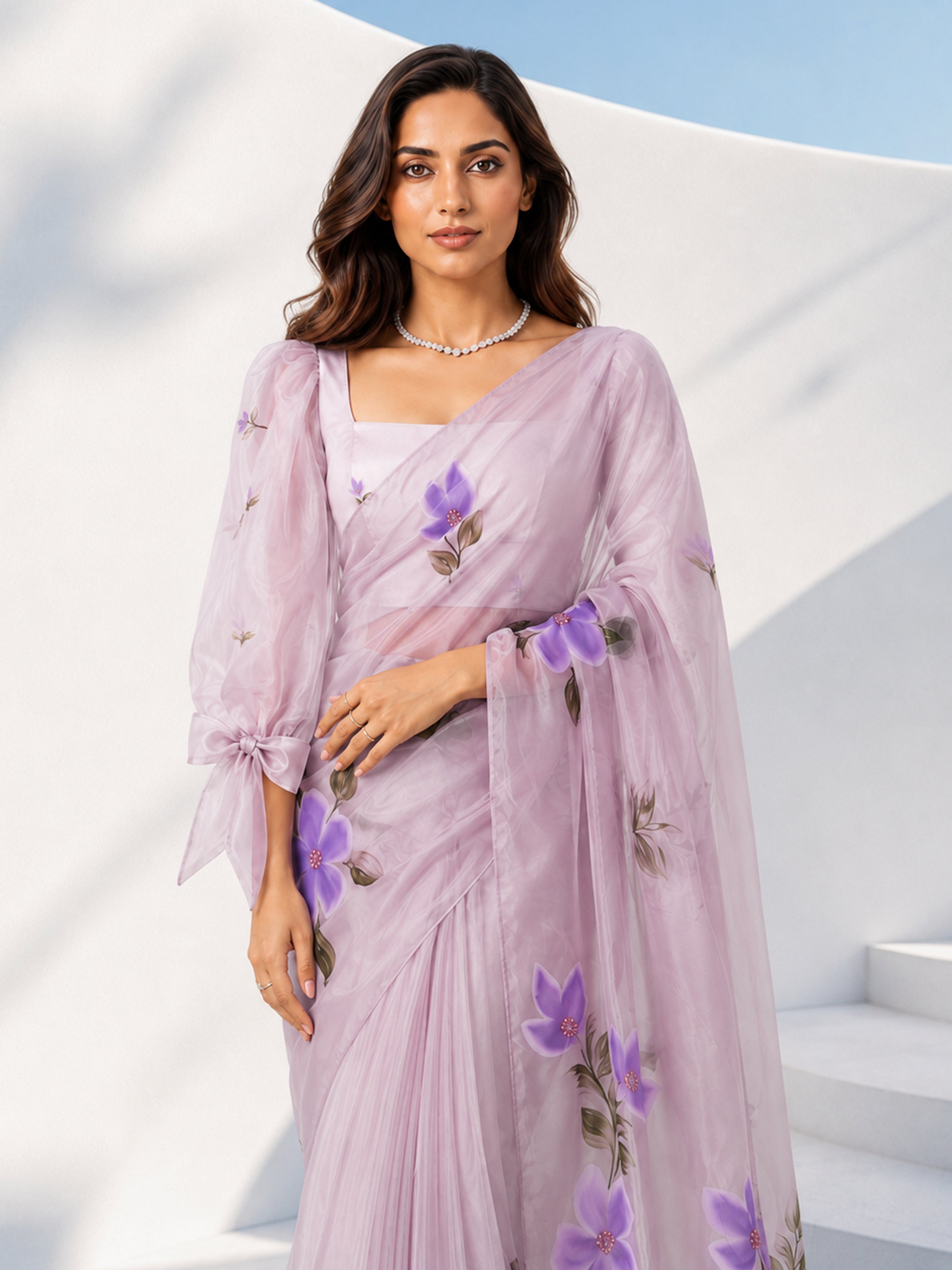 Women's Purple  Floral Saree with Unstitched Blouse Piece