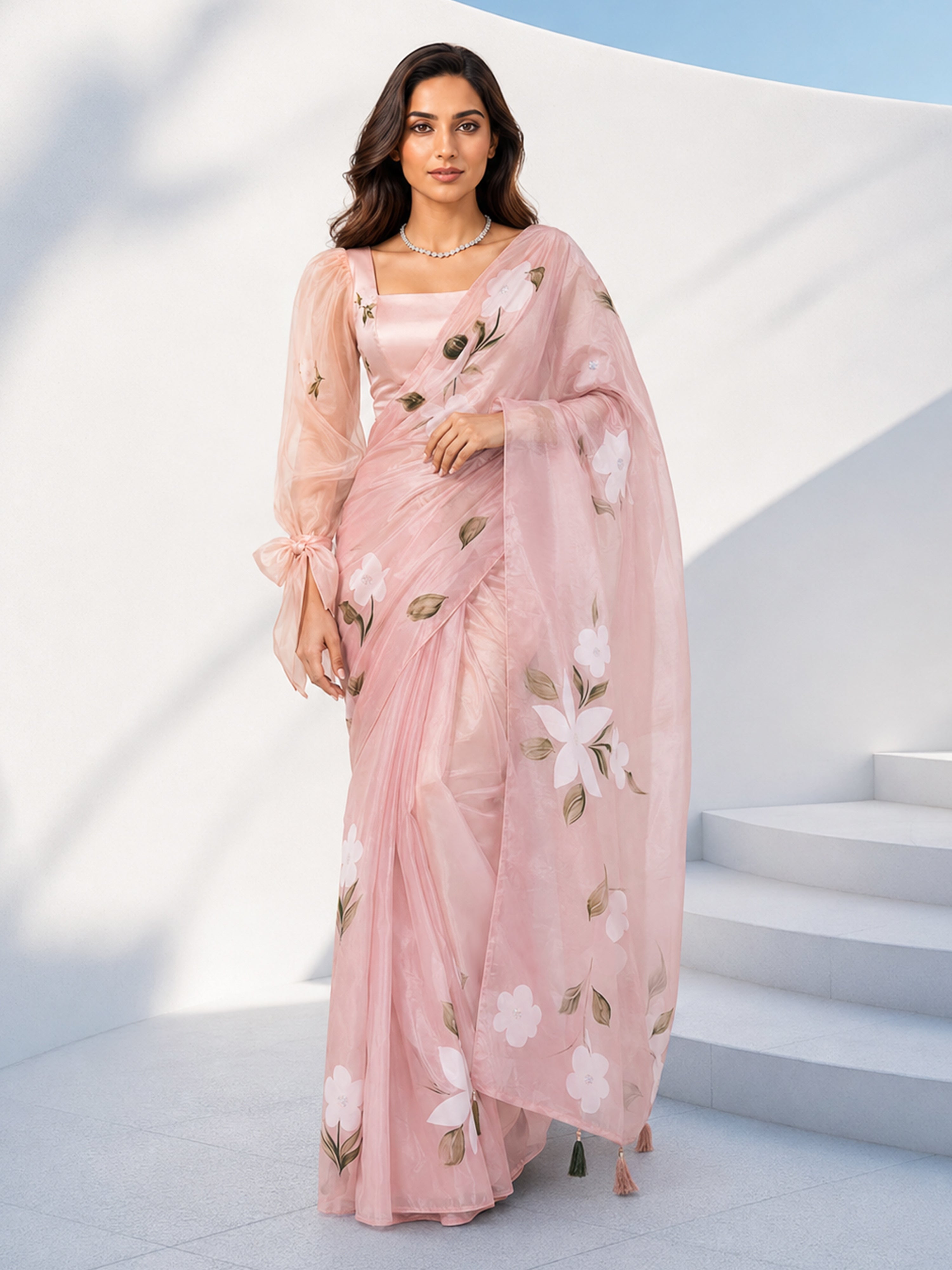Women's Pink  Floral Saree with Unstitched Blouse Piece