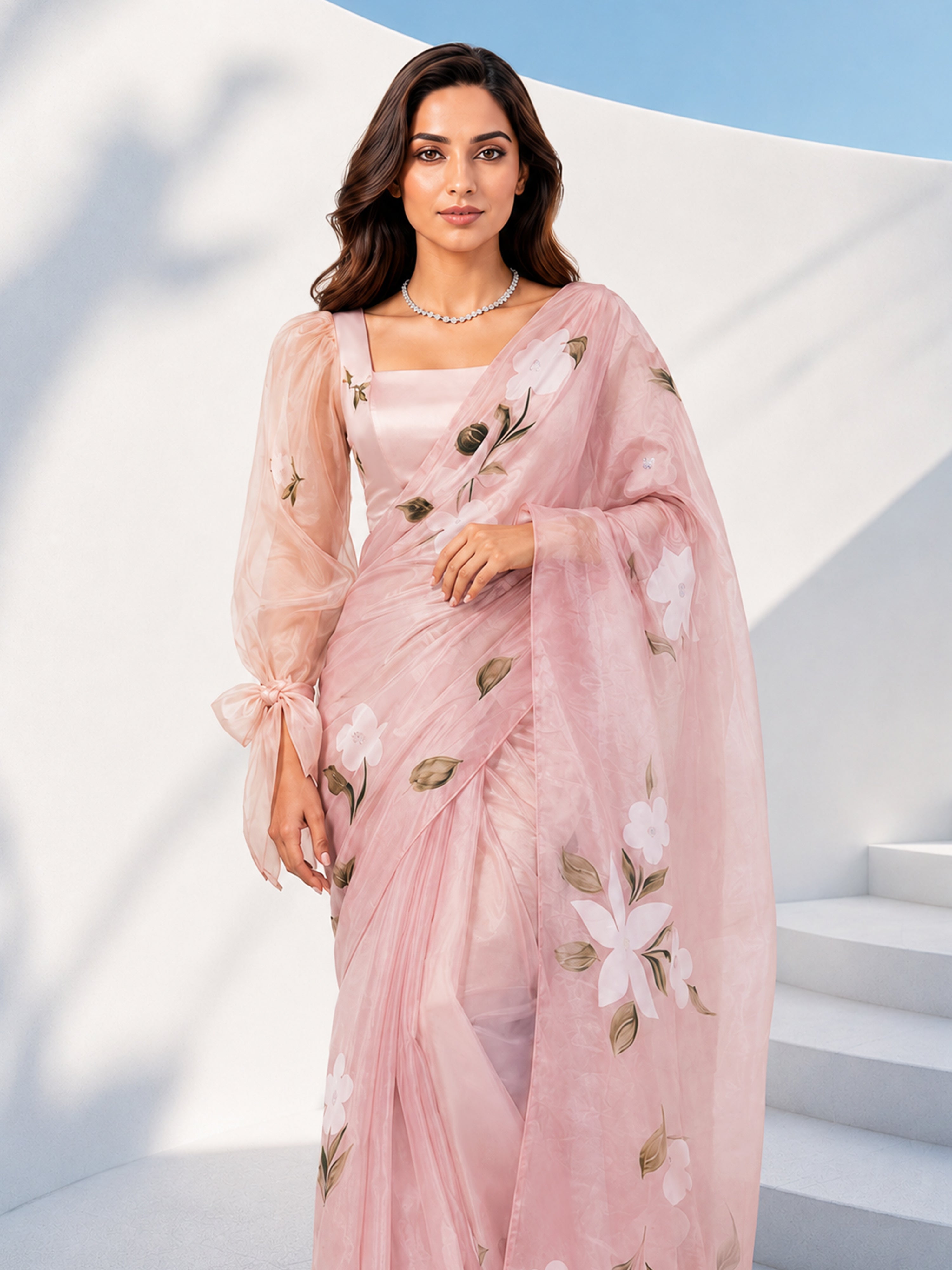 Women's Pink  Floral Saree with Unstitched Blouse Piece