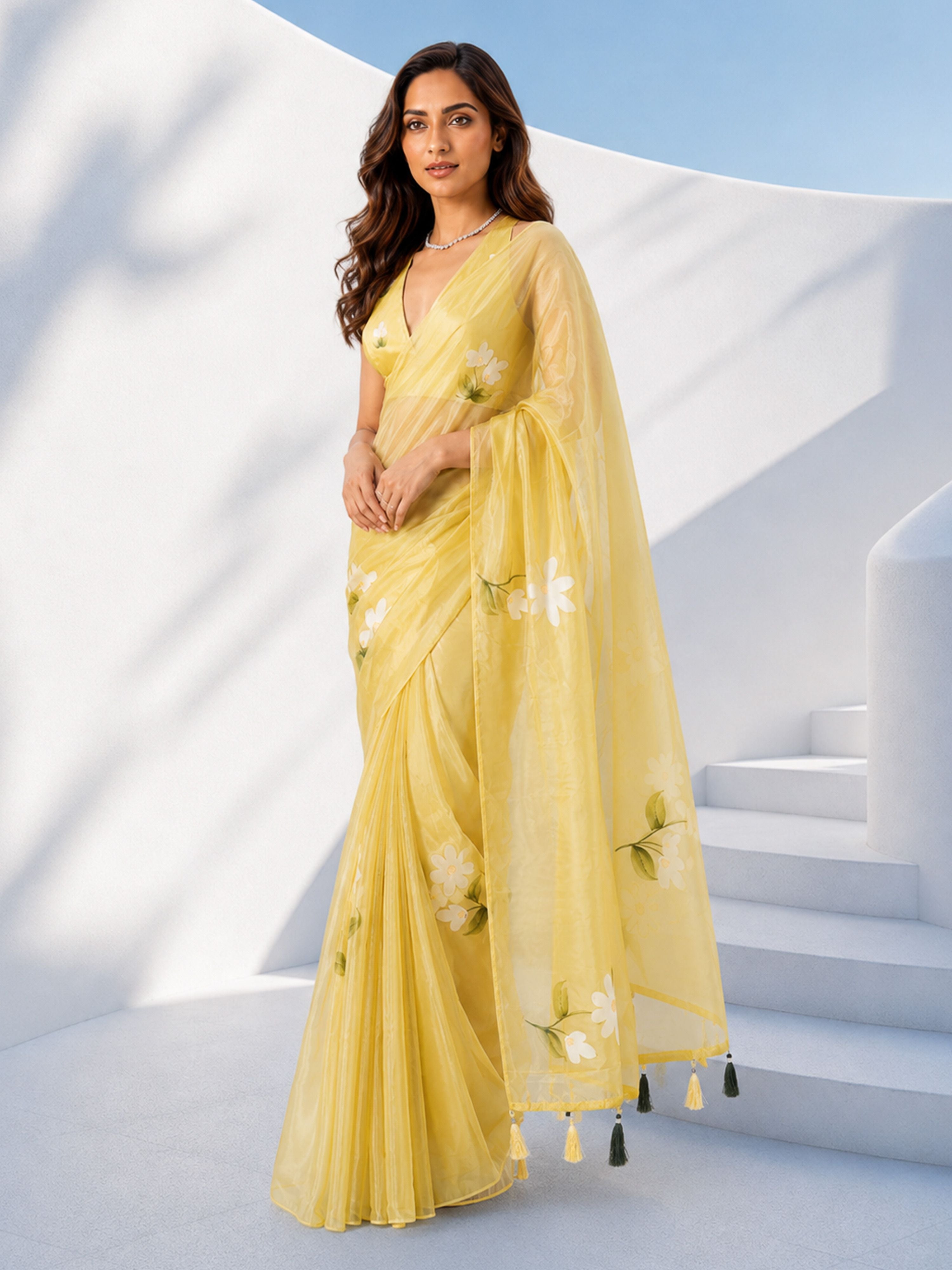 Women's Yellow Organza Floral Print Saree With Unstitched Blouse Piece