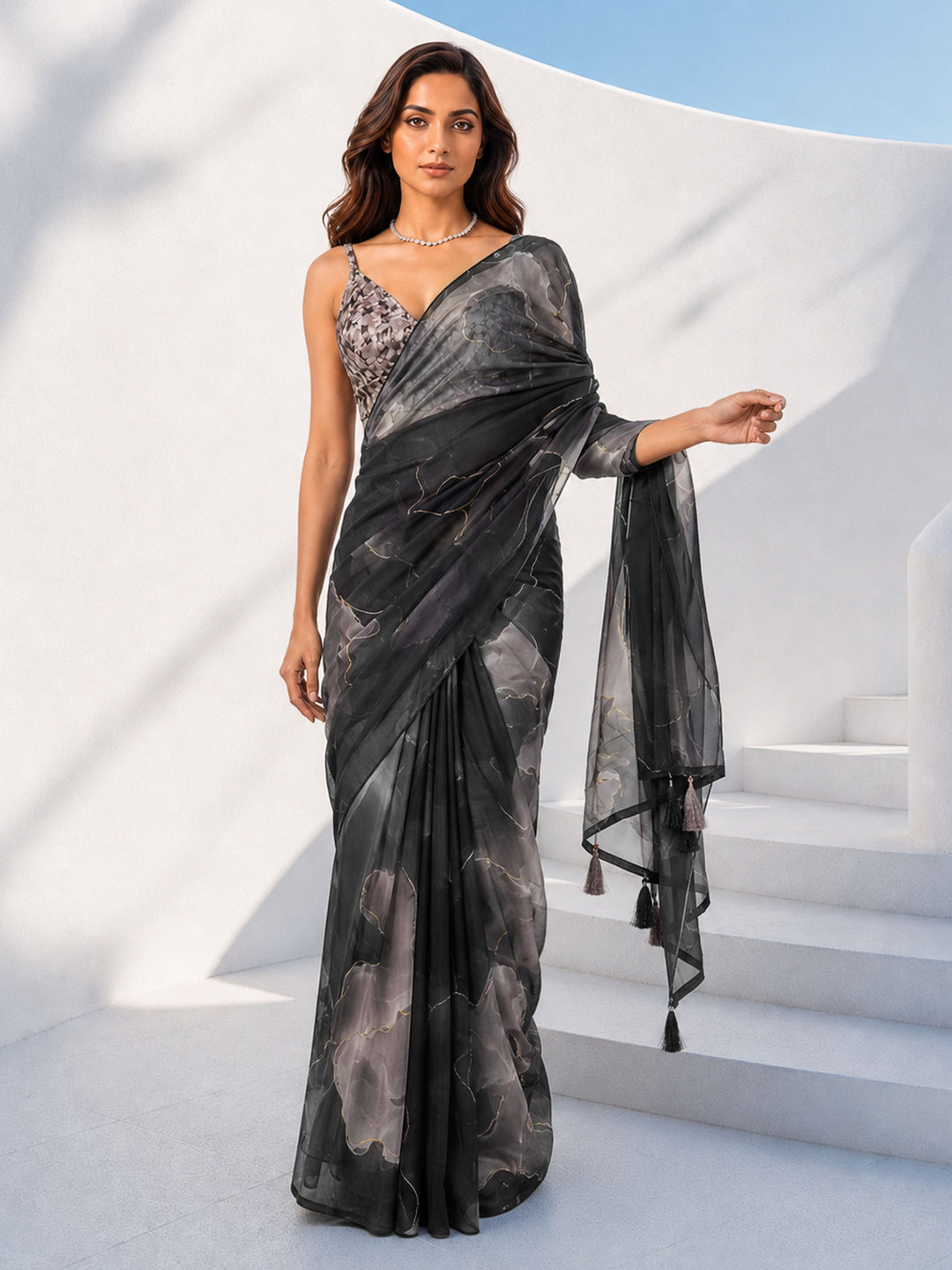 Black Organza Abstract Print Saree with Tassels | VASTRAMAY