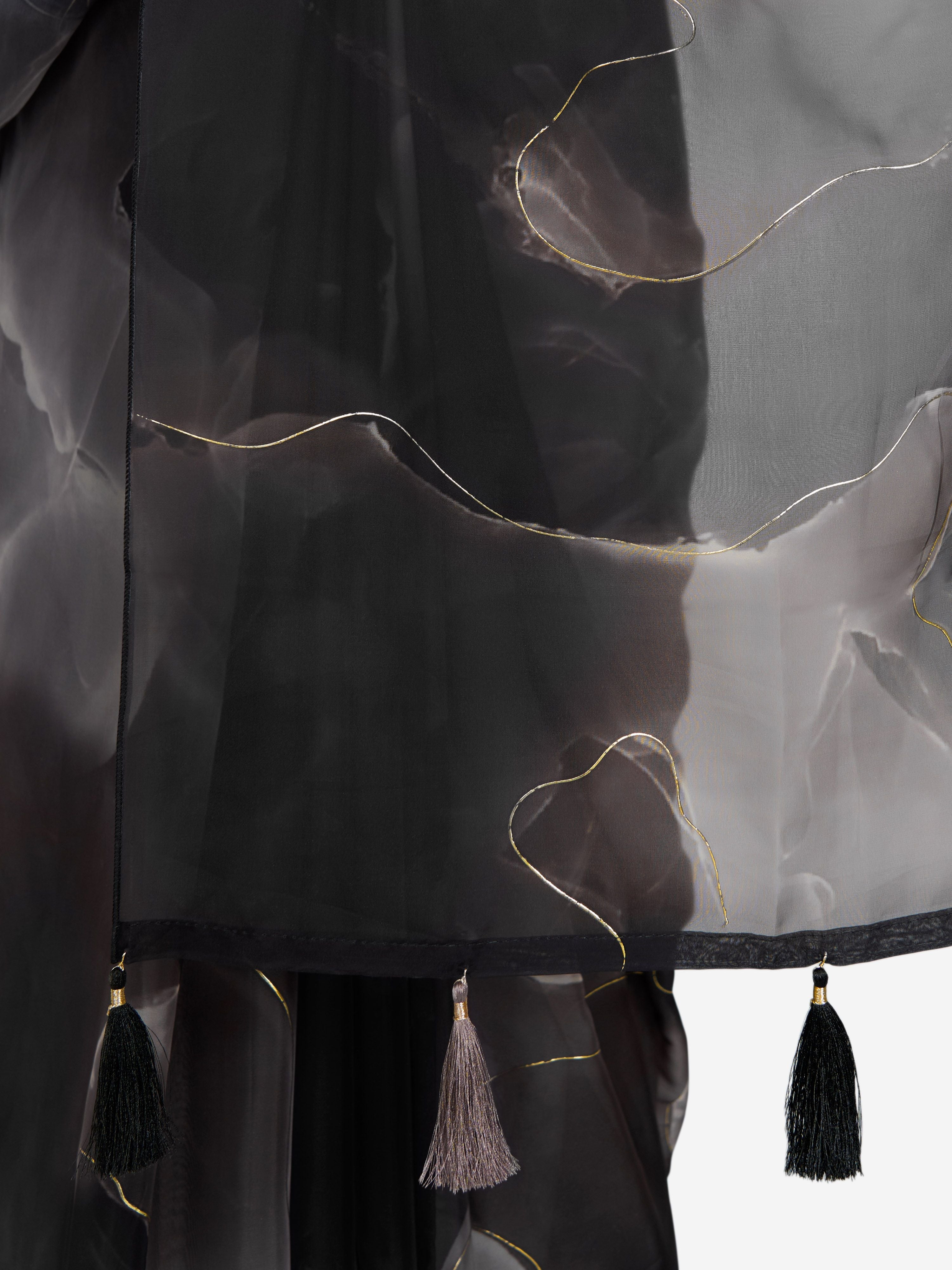 Women's Black Organza Abstract Saree With Unstitched Blouse Piece