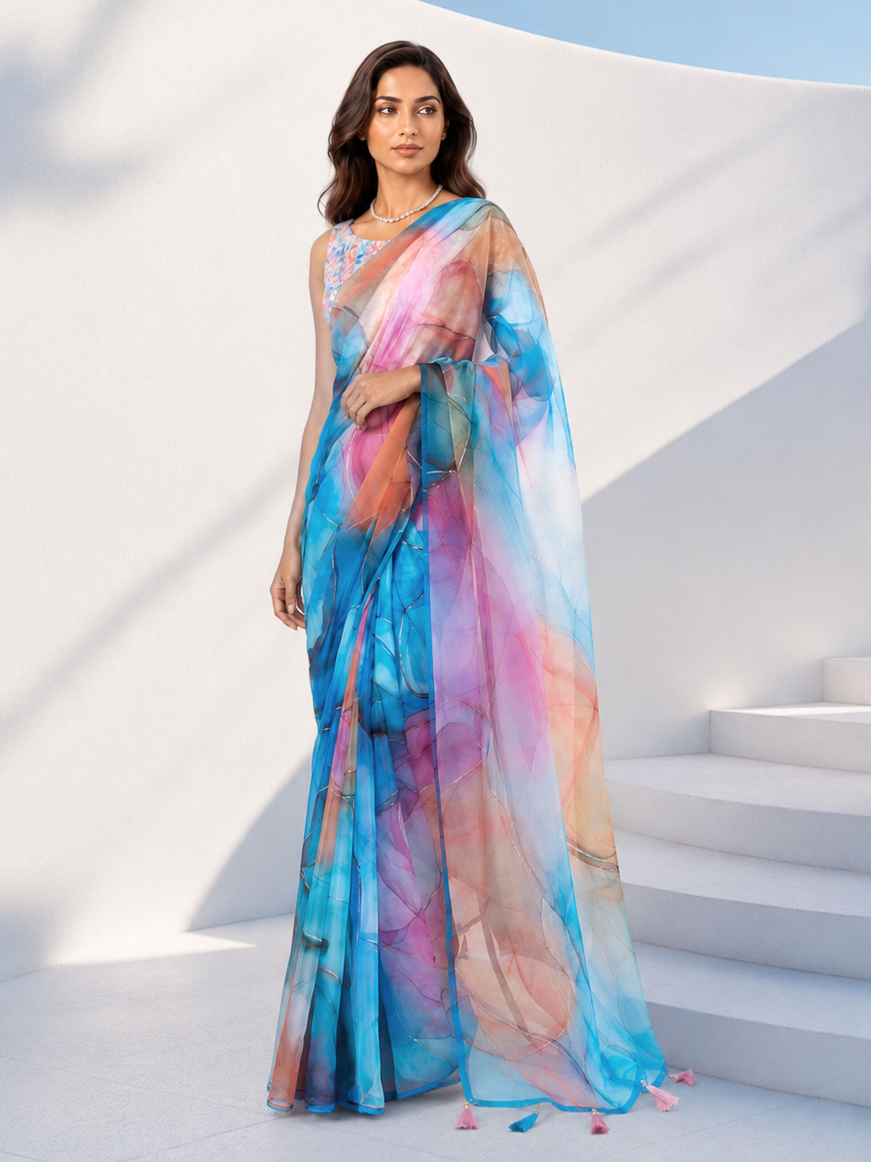 Women's Blue Organza Abstract Saree With Unstitched Blouse Piece