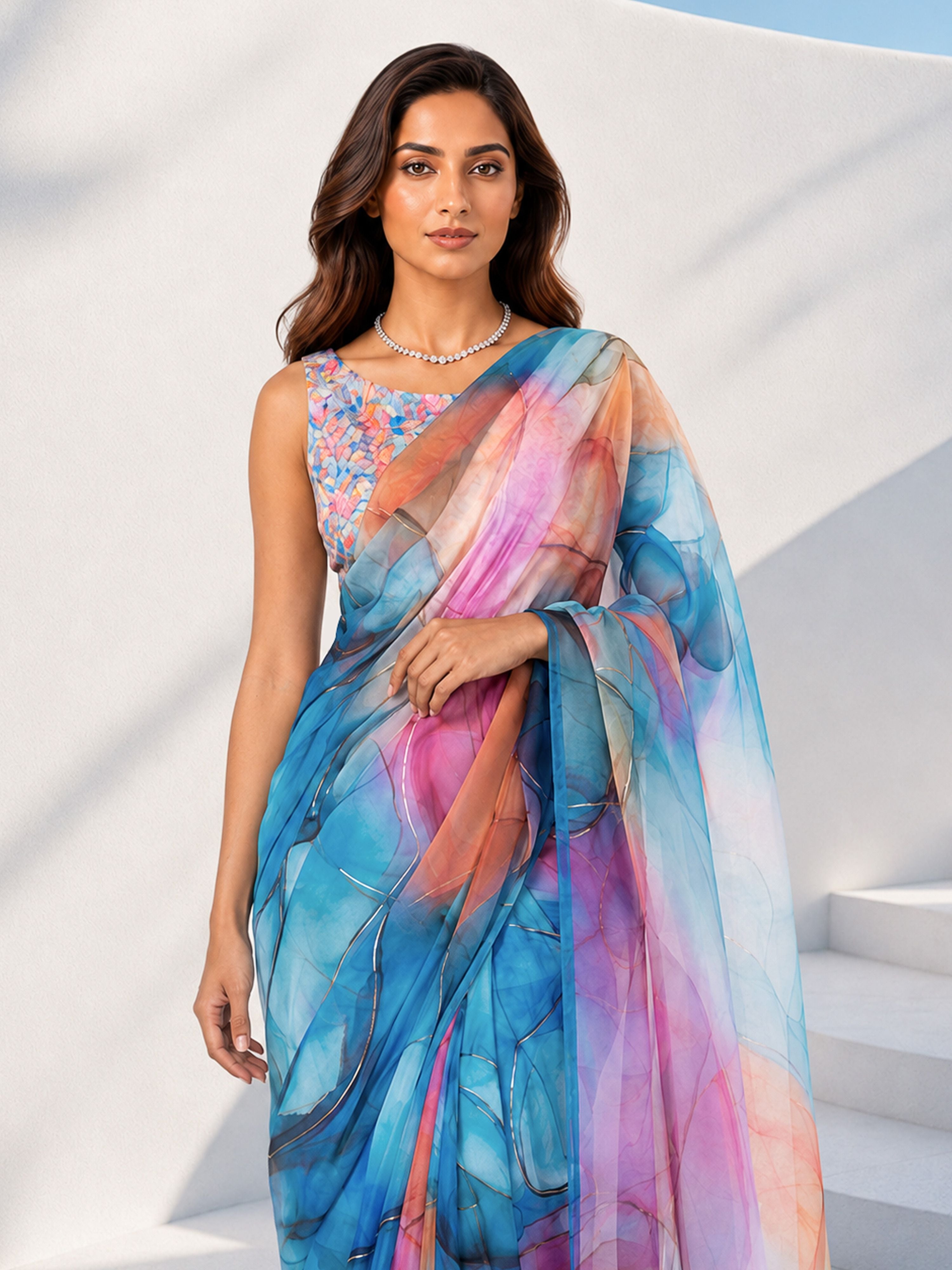 Women's Blue Organza Abstract Saree With Unstitched Blouse Piece