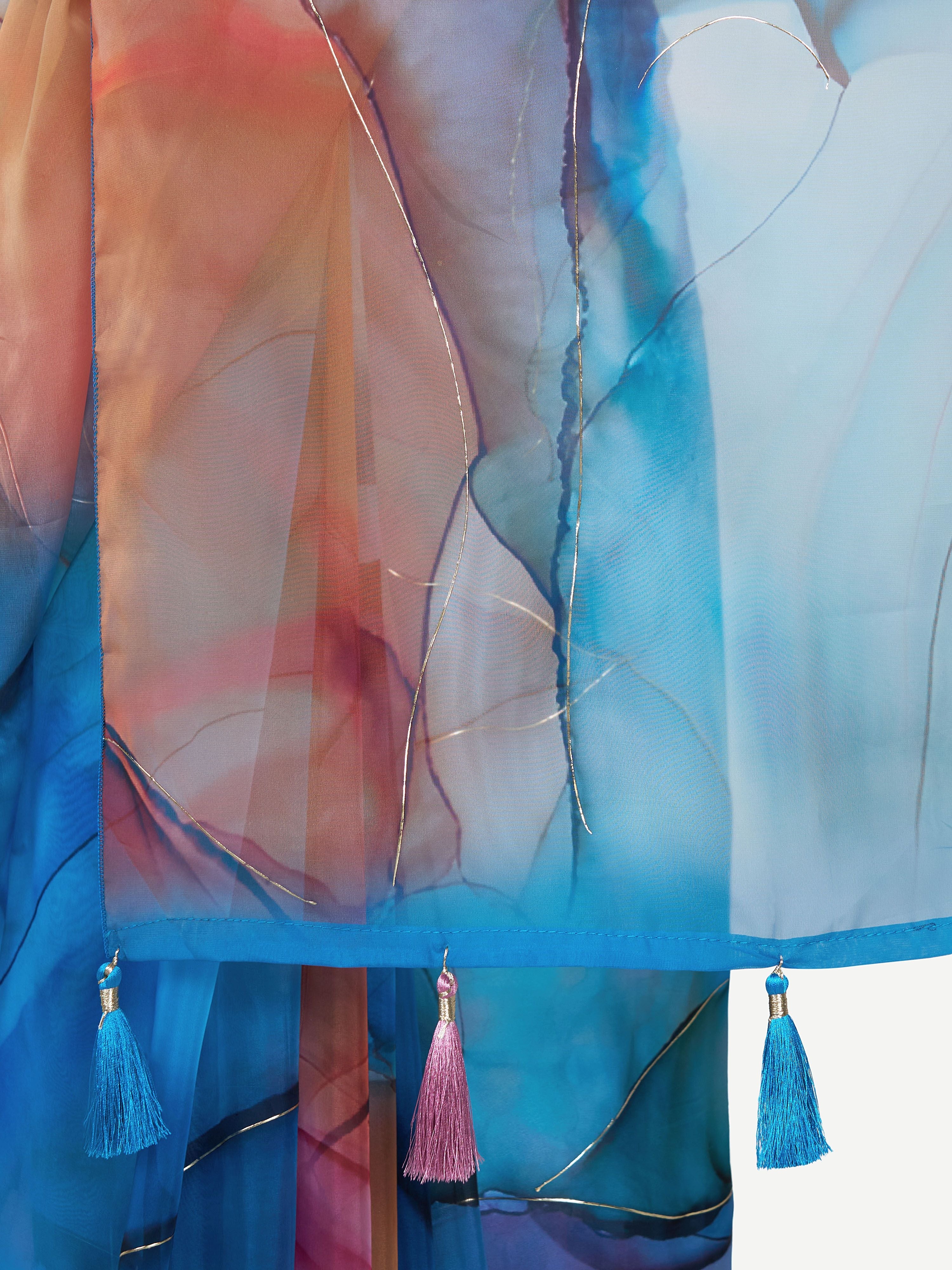 Women's Blue Organza Abstract Saree With Unstitched Blouse Piece